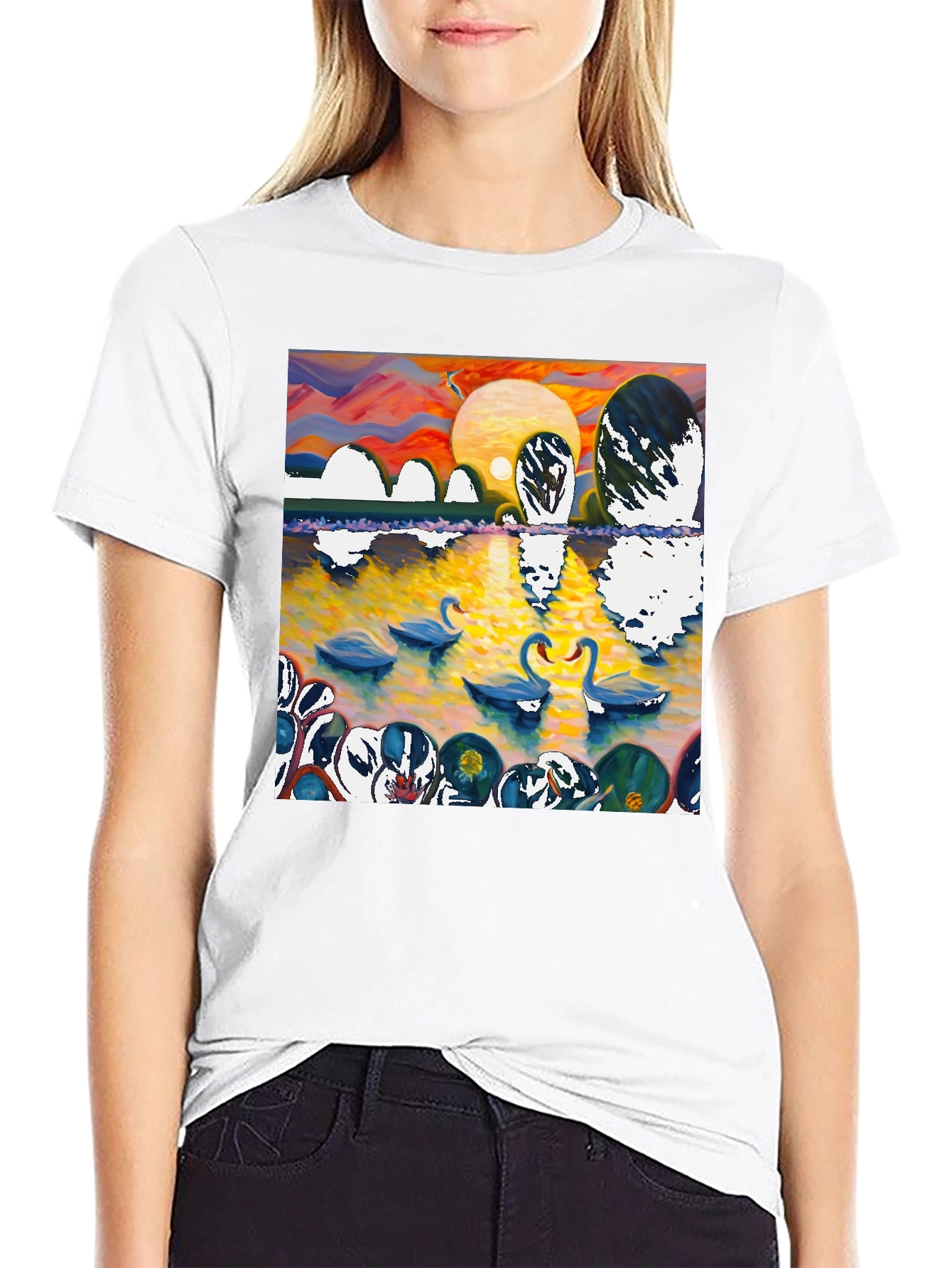 Swan Lake Graphic Tee - Impressionist Style Black T-Shirt