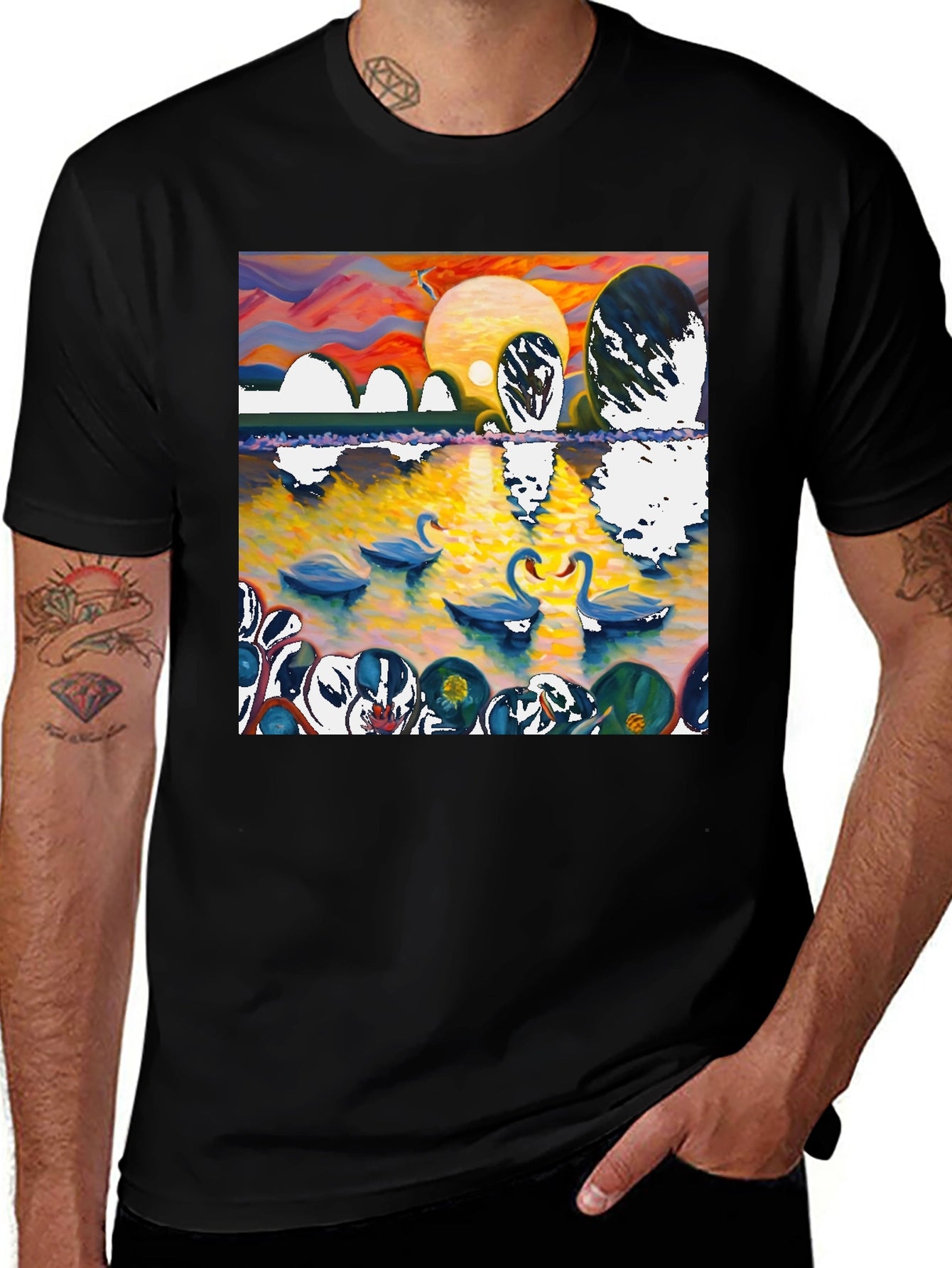 Swan Lake Graphic Tee - Impressionist Style Black T-Shirt