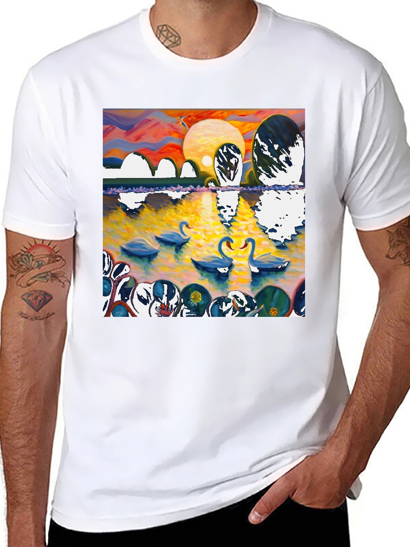 Swan Lake Graphic Tee - Impressionist Style Black T-Shirt