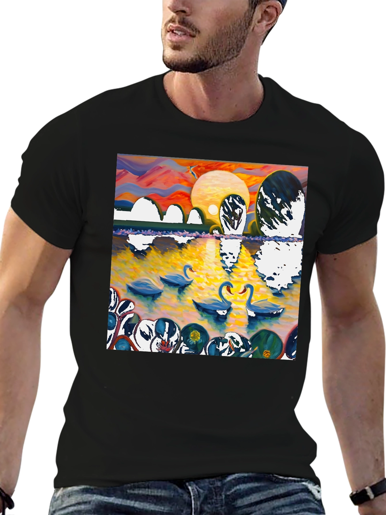 Swan Lake Graphic Tee - Impressionist Style Black T-Shirt