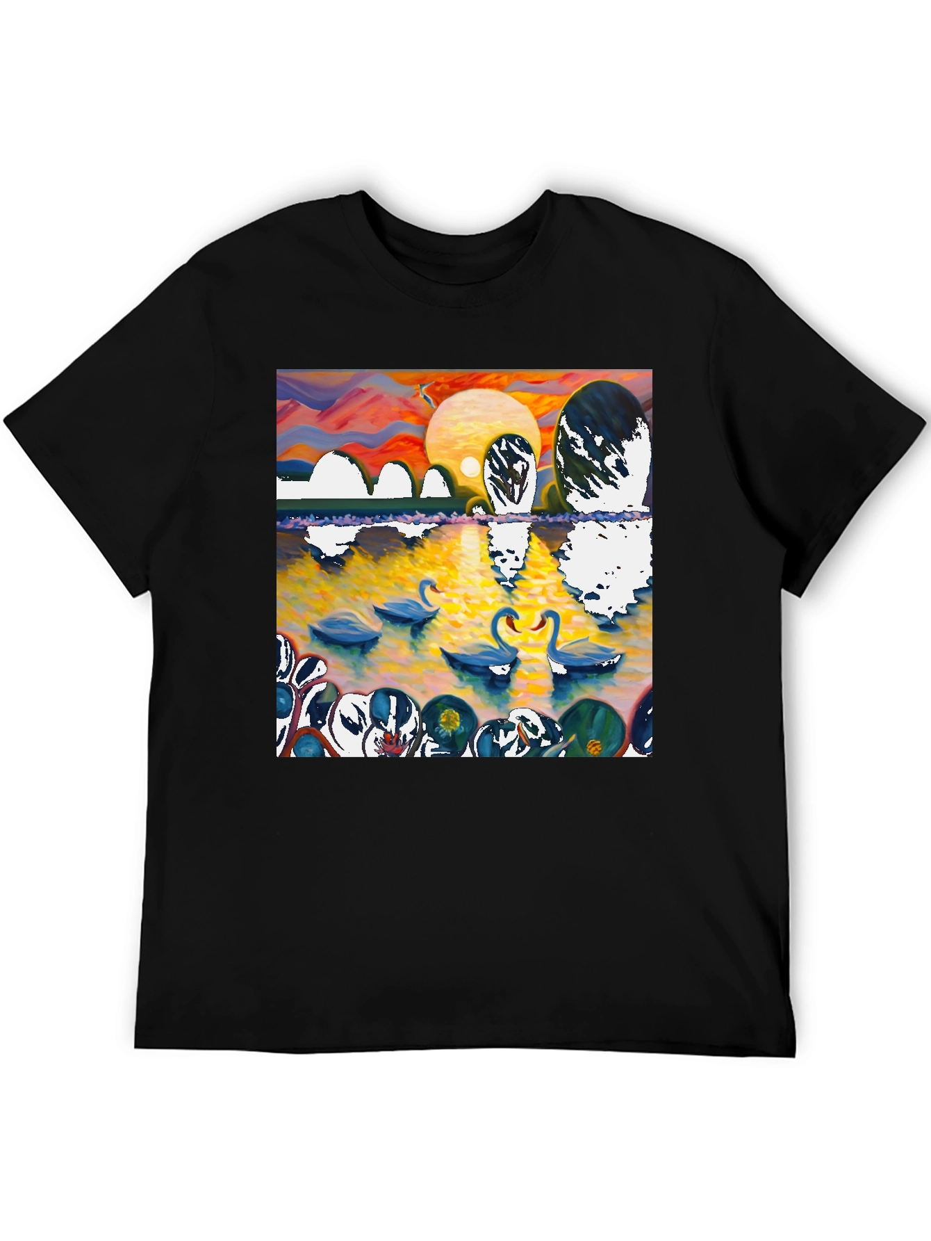 Swan Lake Graphic Tee - Impressionist Style Black T-Shirt