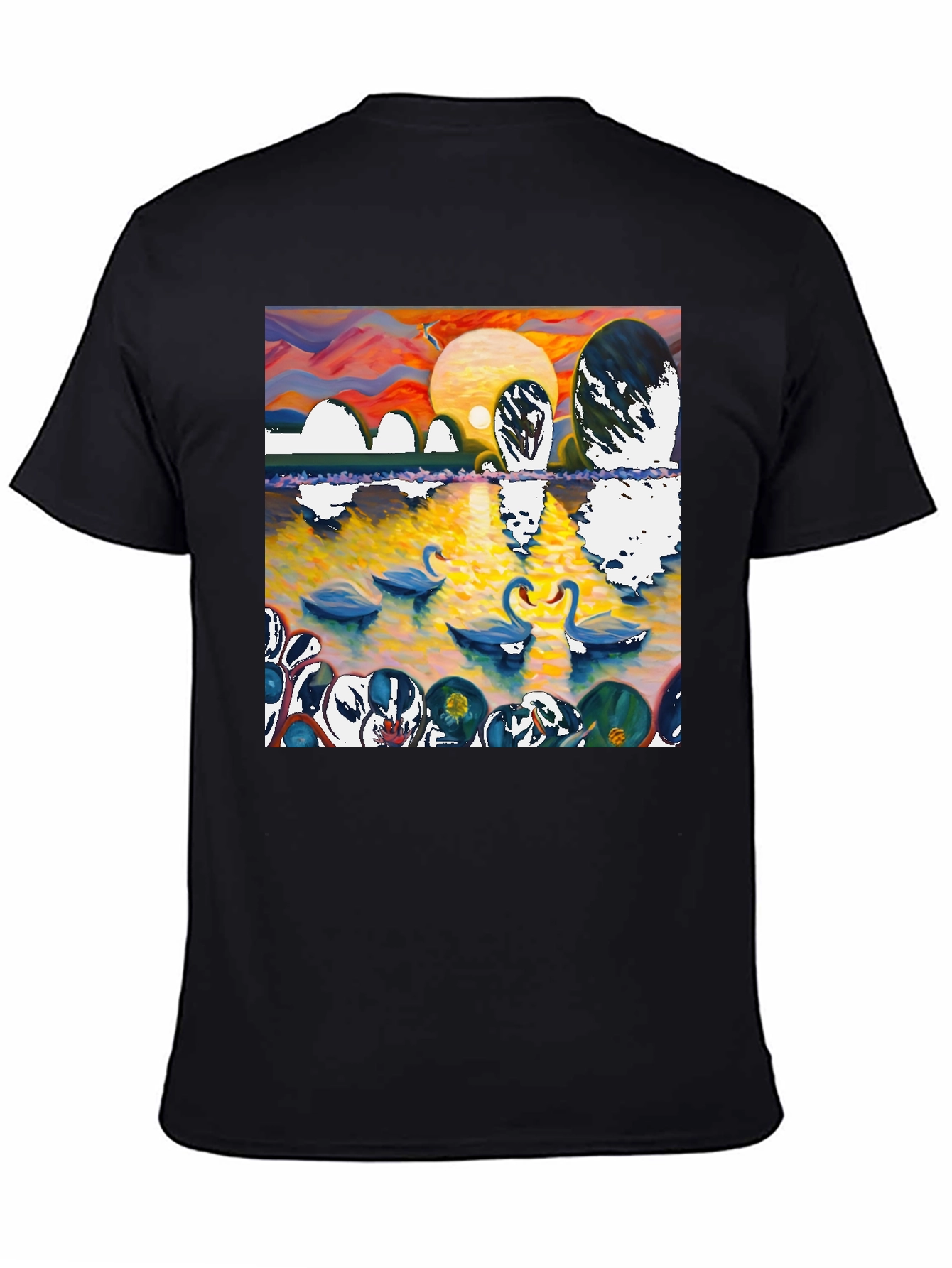 Swan Lake Graphic Tee - Impressionist Style Black T-Shirt