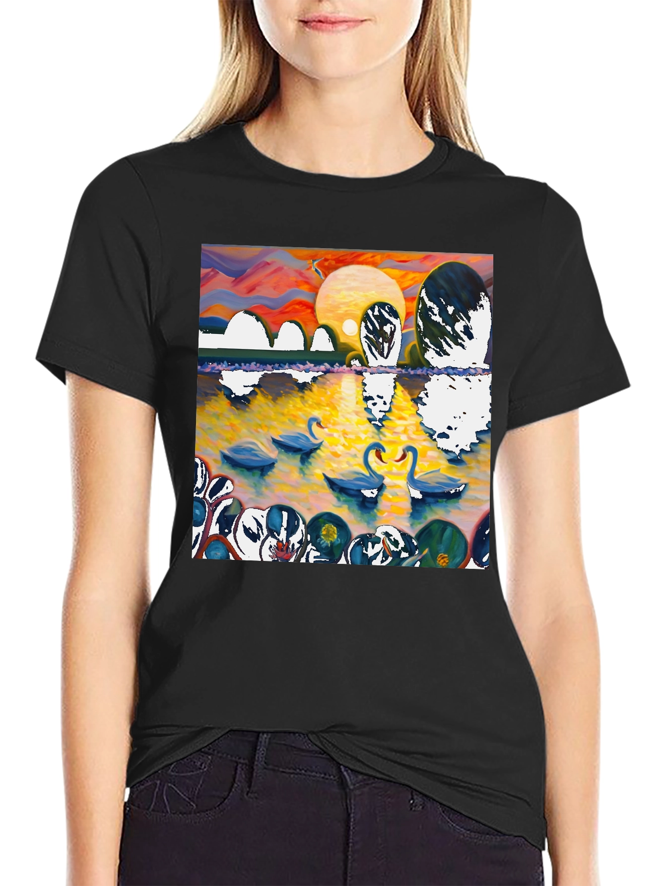 Swan Lake Graphic Tee - Impressionist Style Black T-Shirt