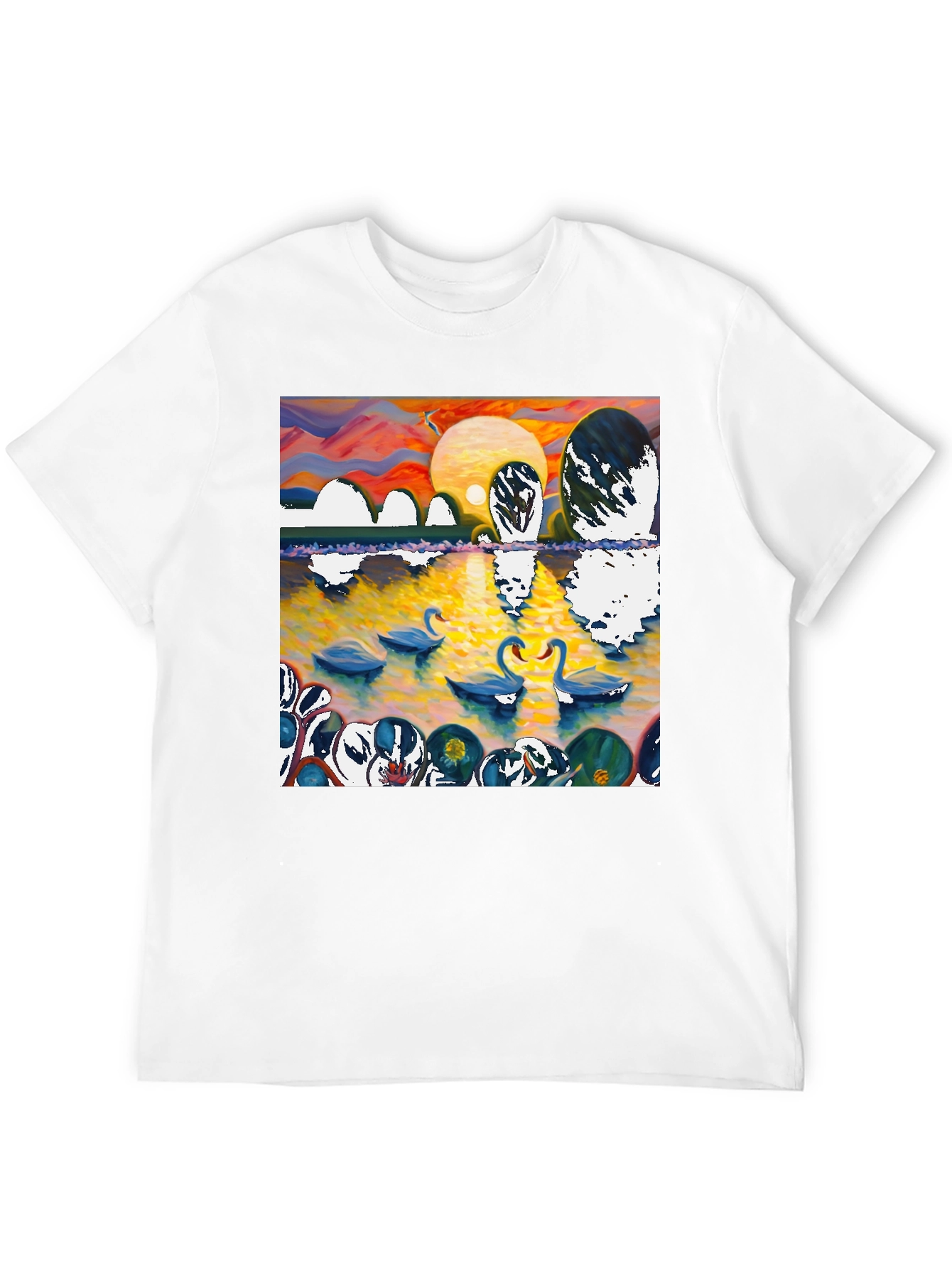 Swan Lake Graphic Tee - Impressionist Style Black T-Shirt
