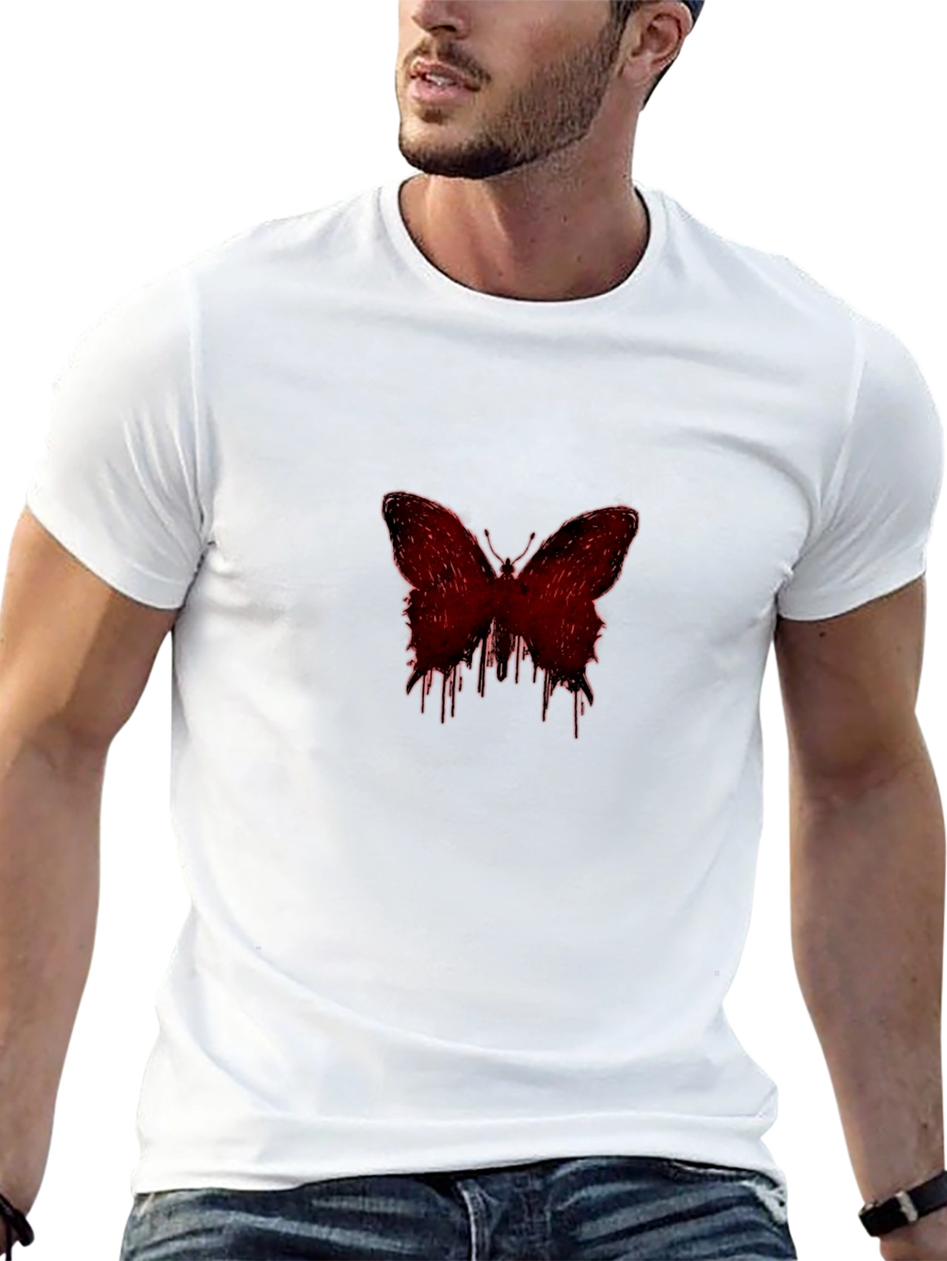 Mens Black Graphic Tee - Red Dripping Butterfly