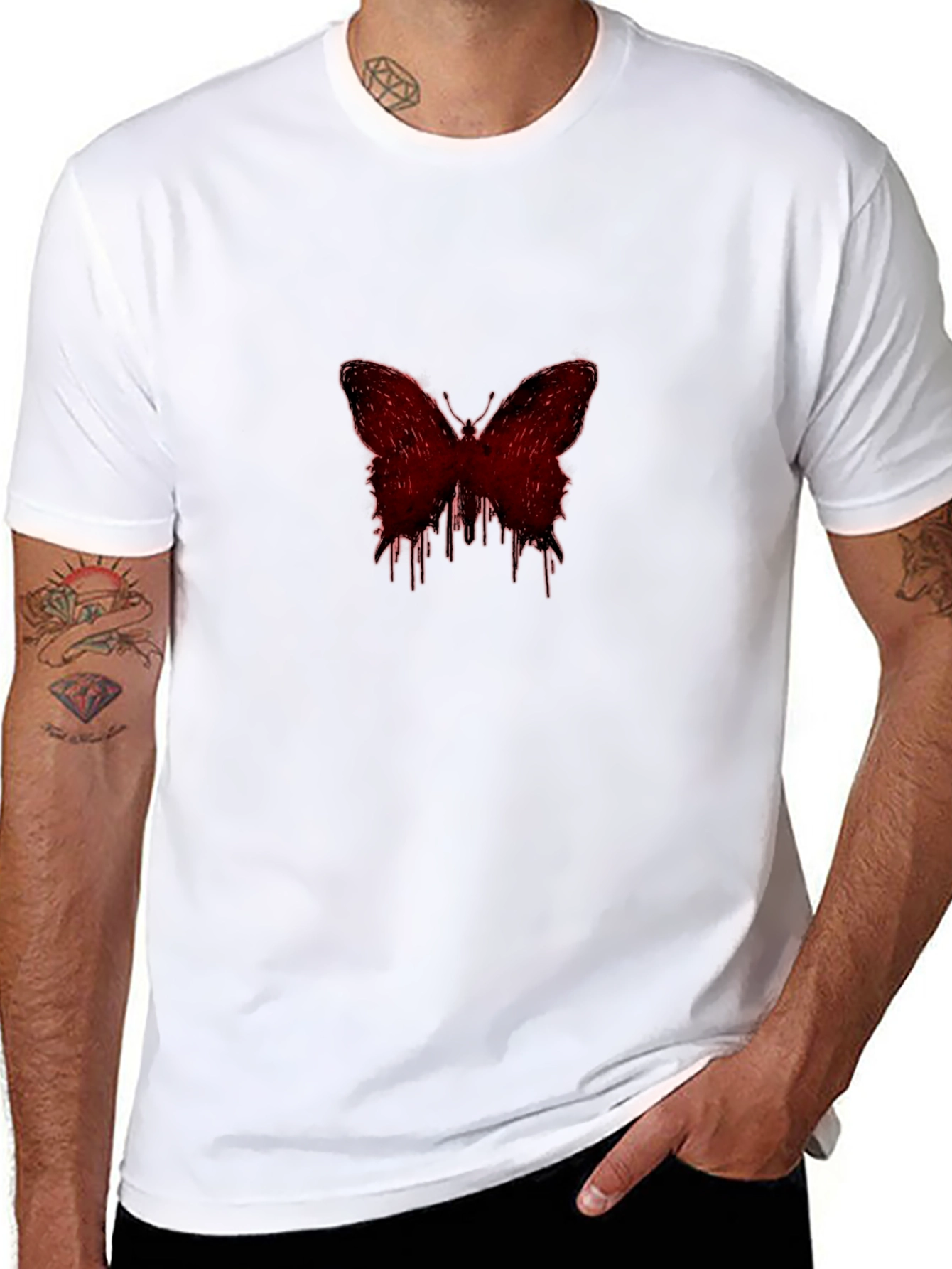 Mens Black Graphic Tee - Red Dripping Butterfly