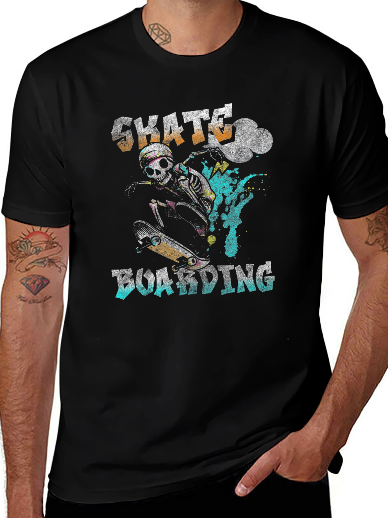 Skateboarding Skeleton Graphic T-Shirt - Black