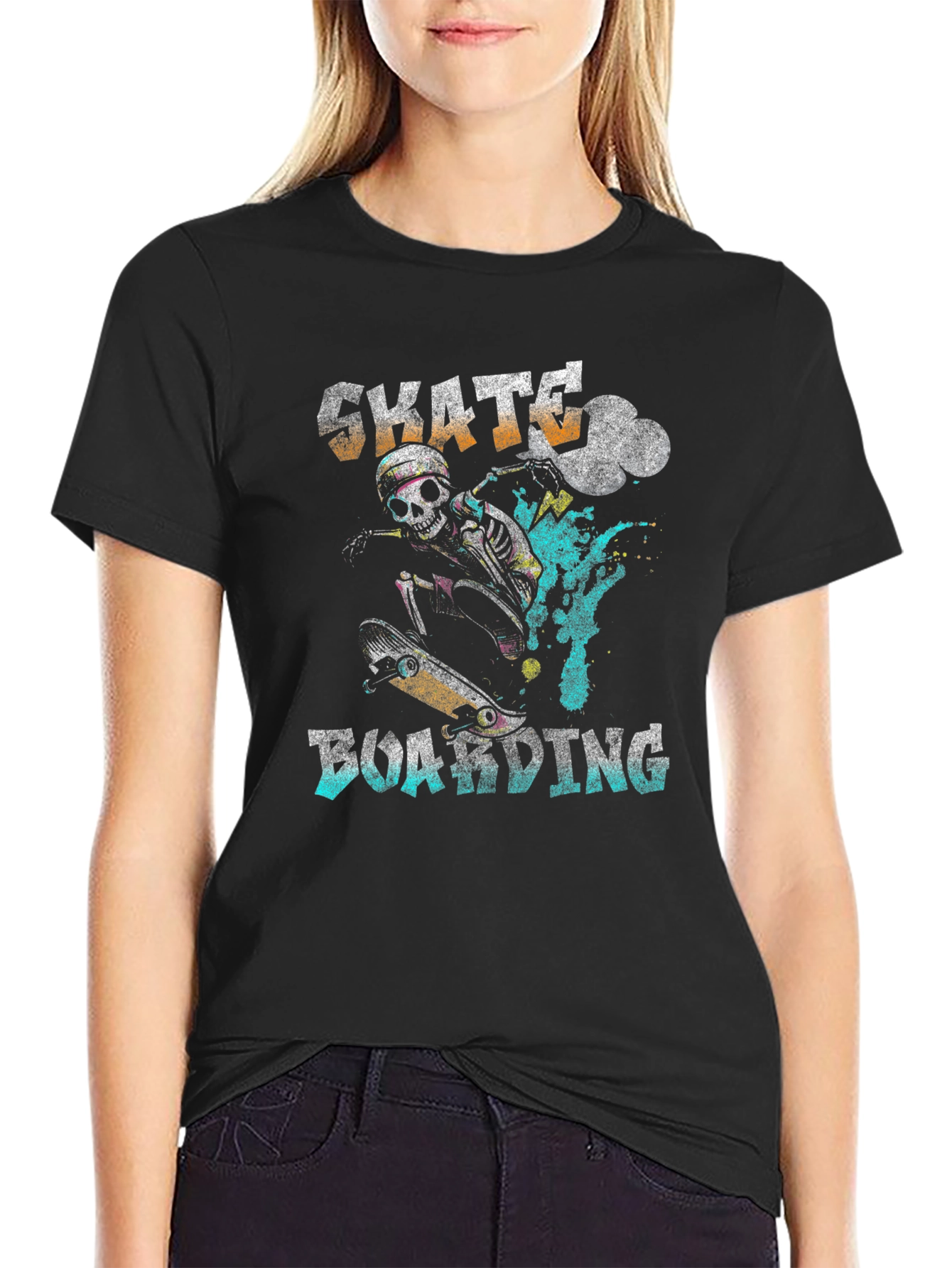 Skateboarding Skeleton Graphic T-Shirt - Black