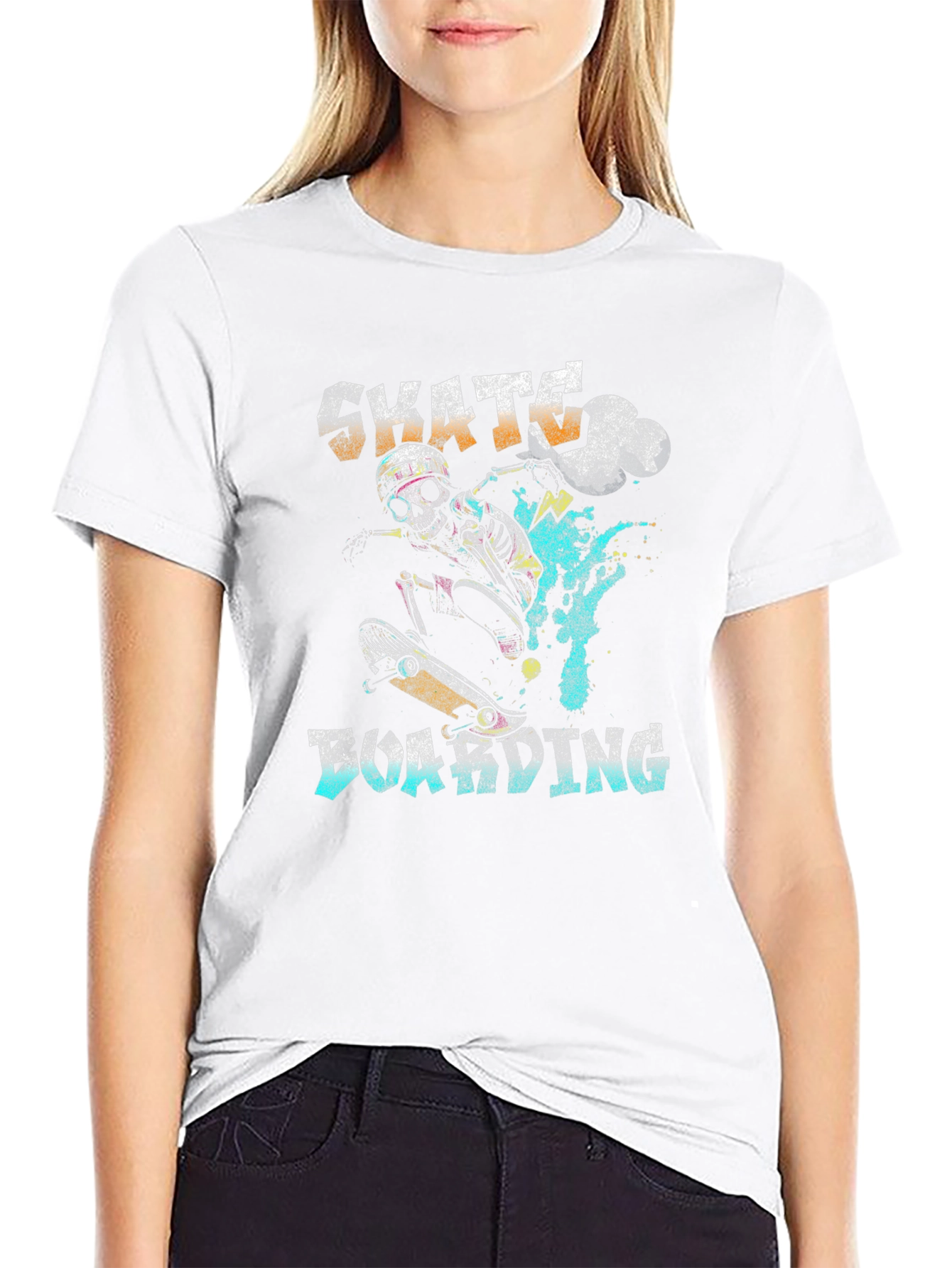 Skateboarding Skeleton Graphic T-Shirt - Black