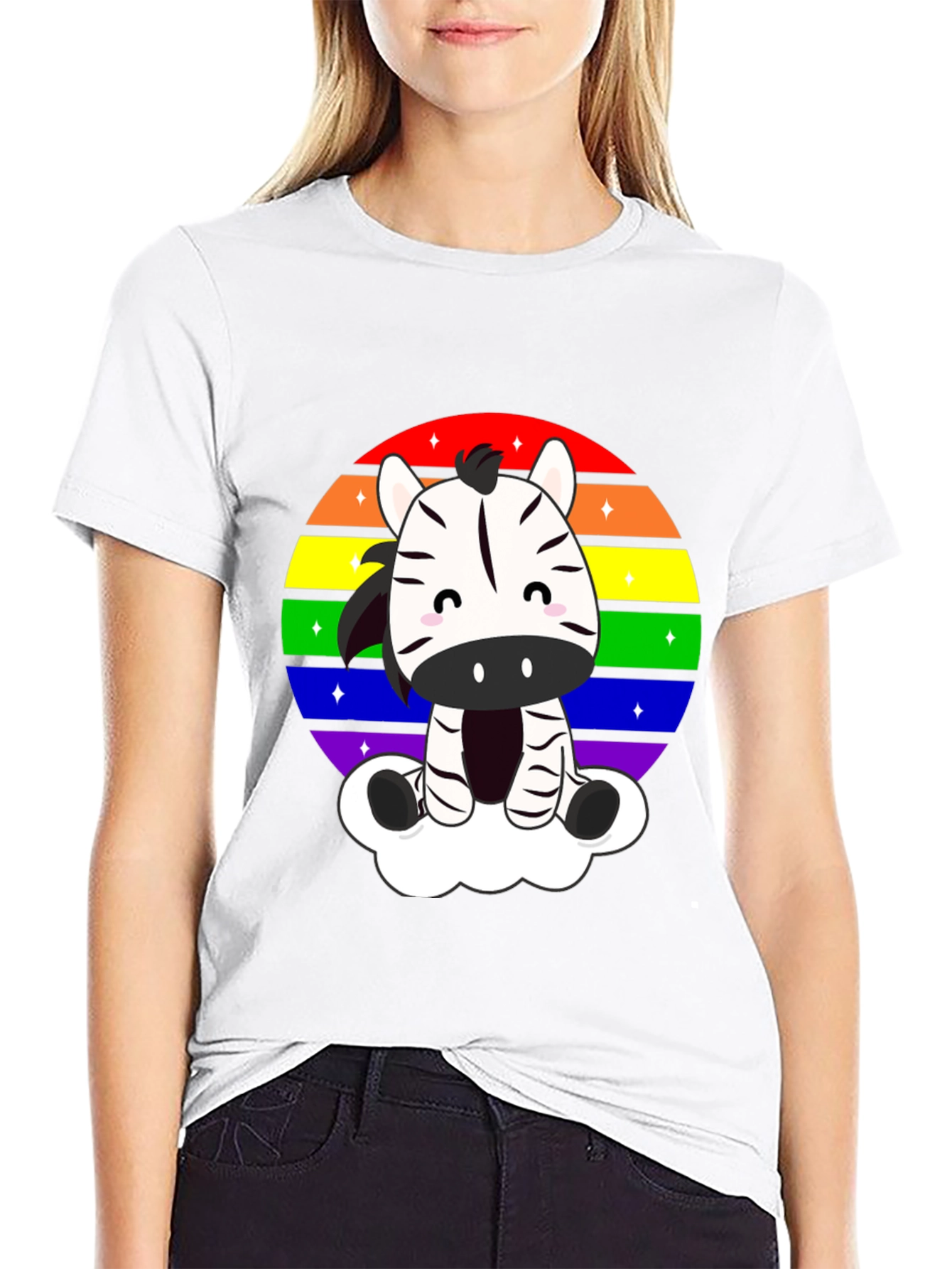 Zebra Rainbow Cloud Black T-Shirt