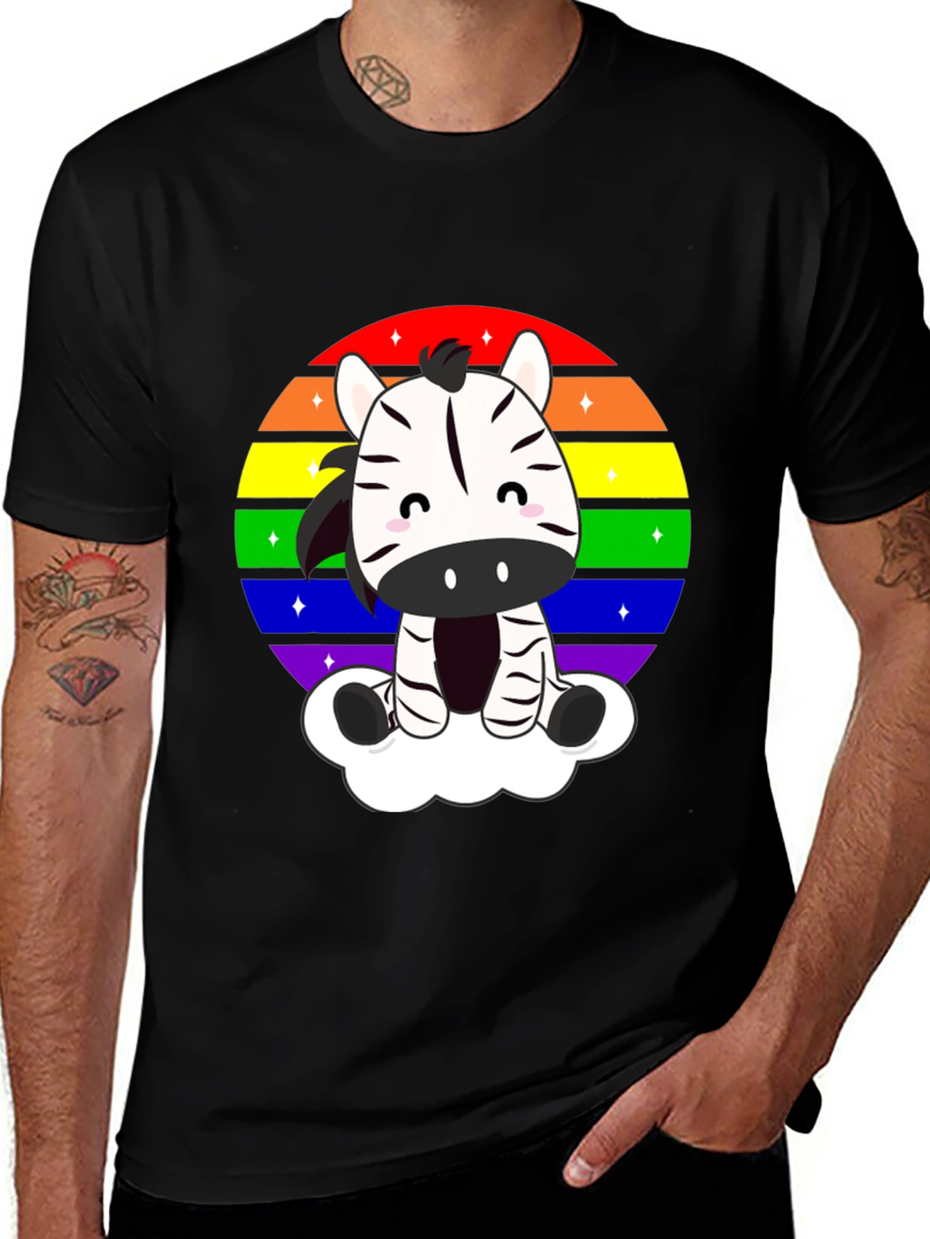 Zebra Rainbow Cloud Black T-Shirt