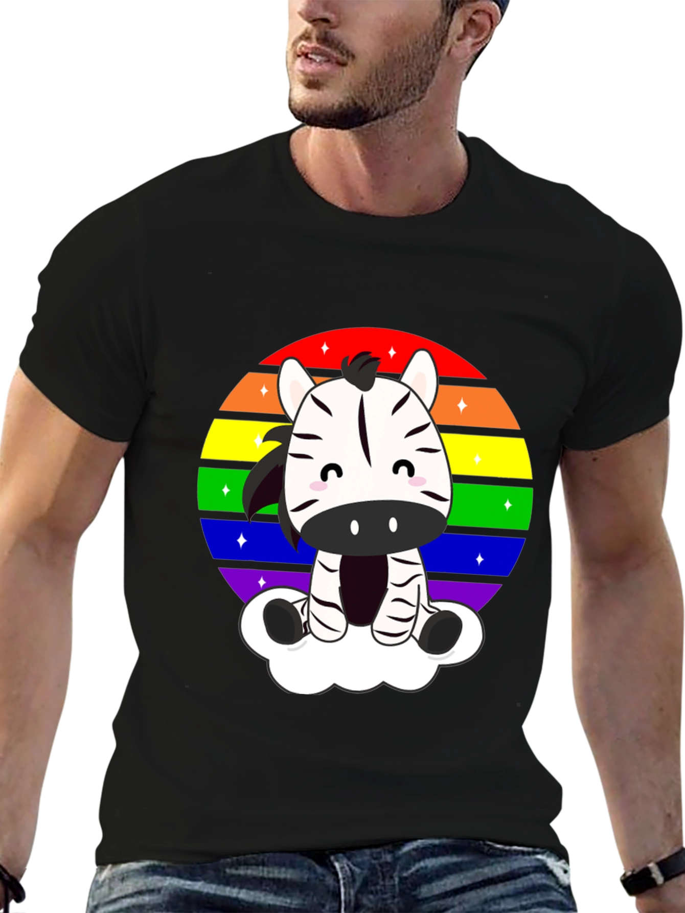Zebra Rainbow Cloud Black T-Shirt