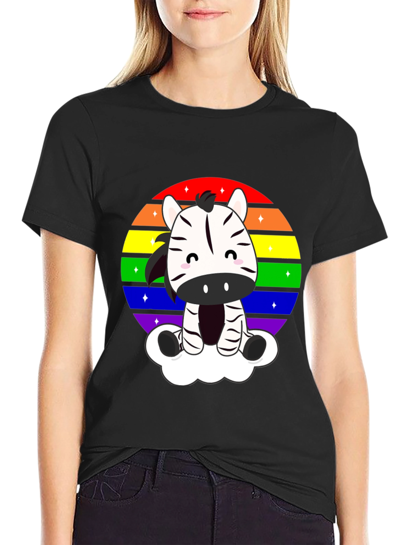 Zebra Rainbow Cloud Black T-Shirt