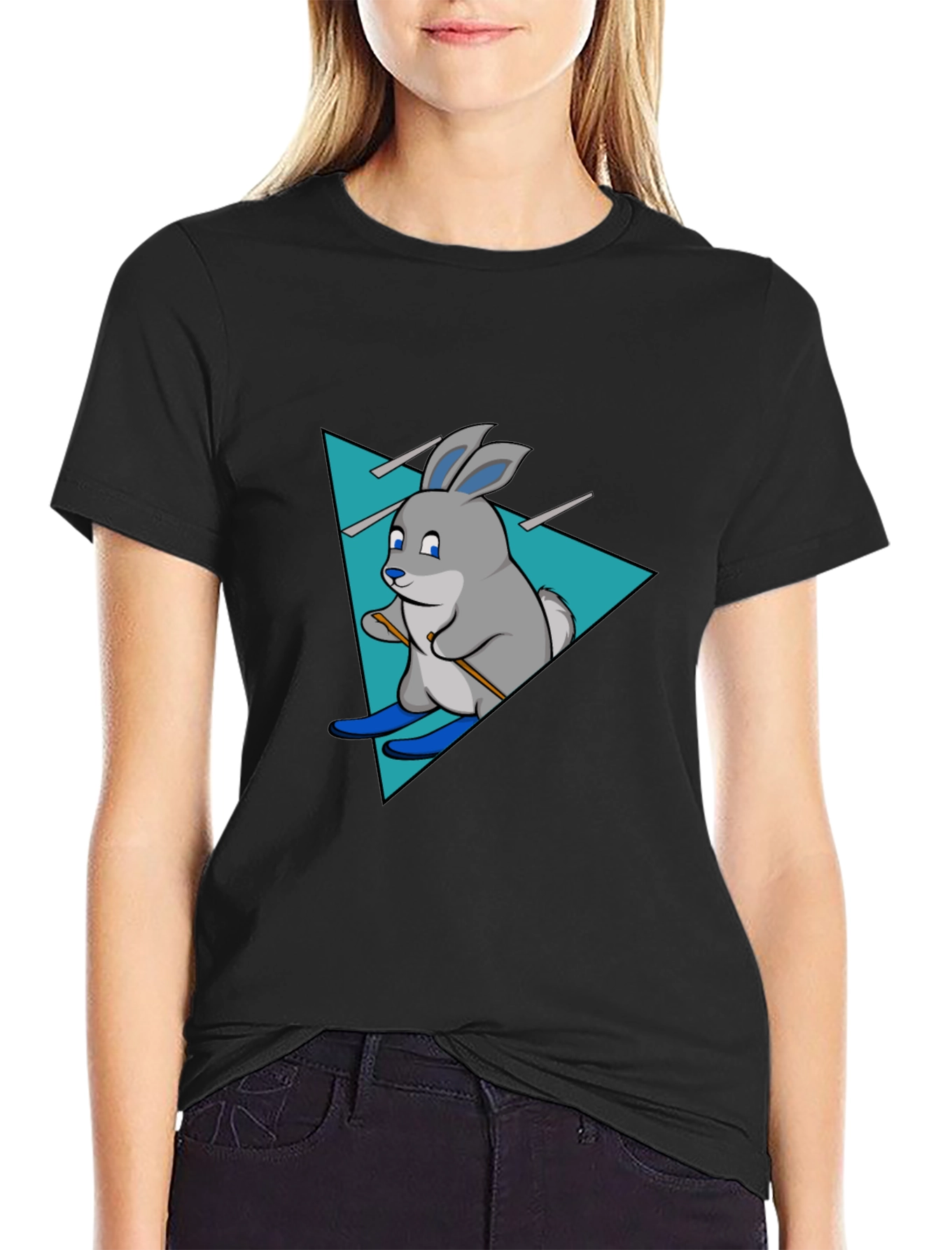 Skiing Rabbit Graphic Tee - Black Cotton T-Shirt