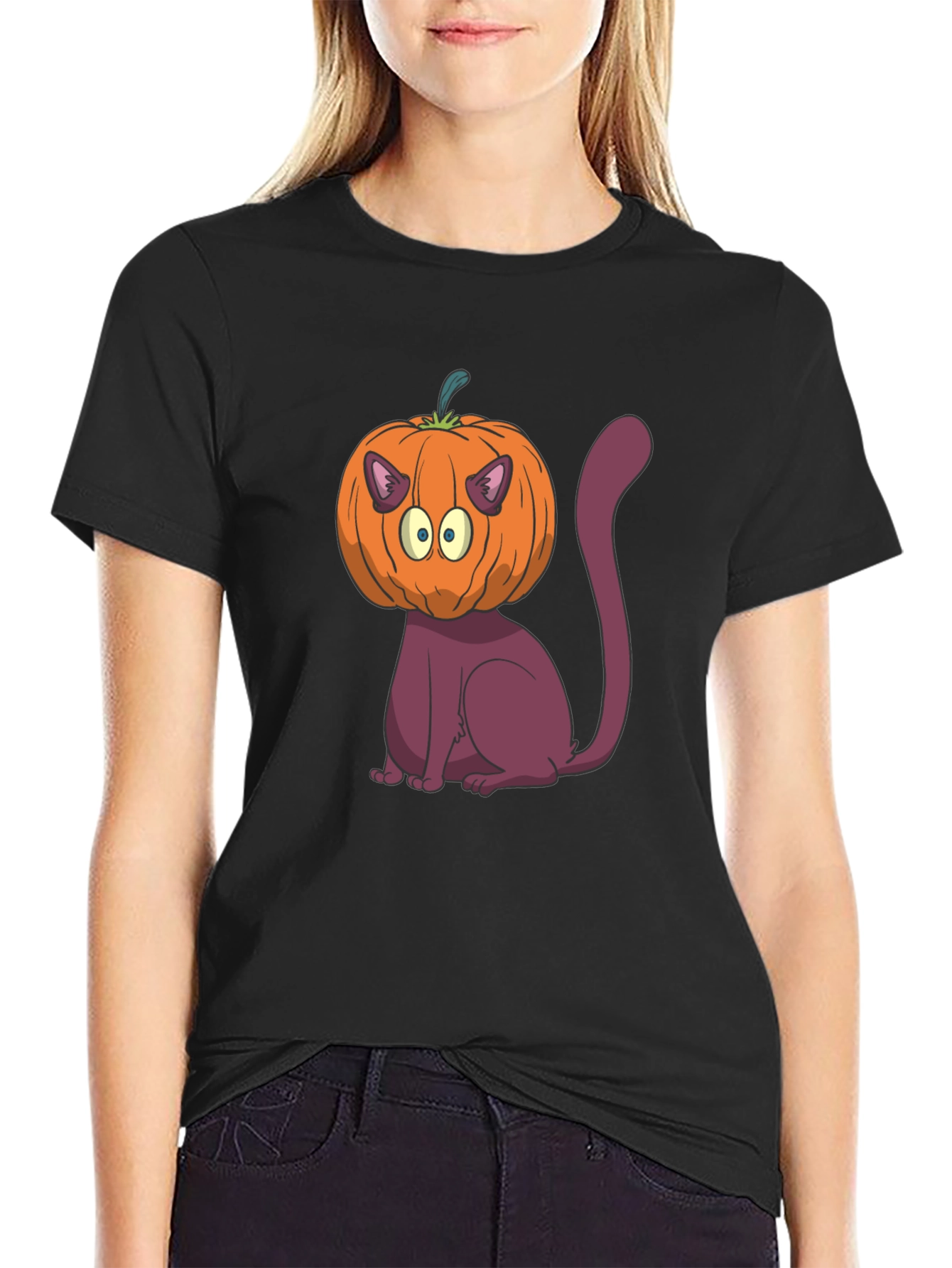 Halloween Cat Pumpkin Head T-Shirt
