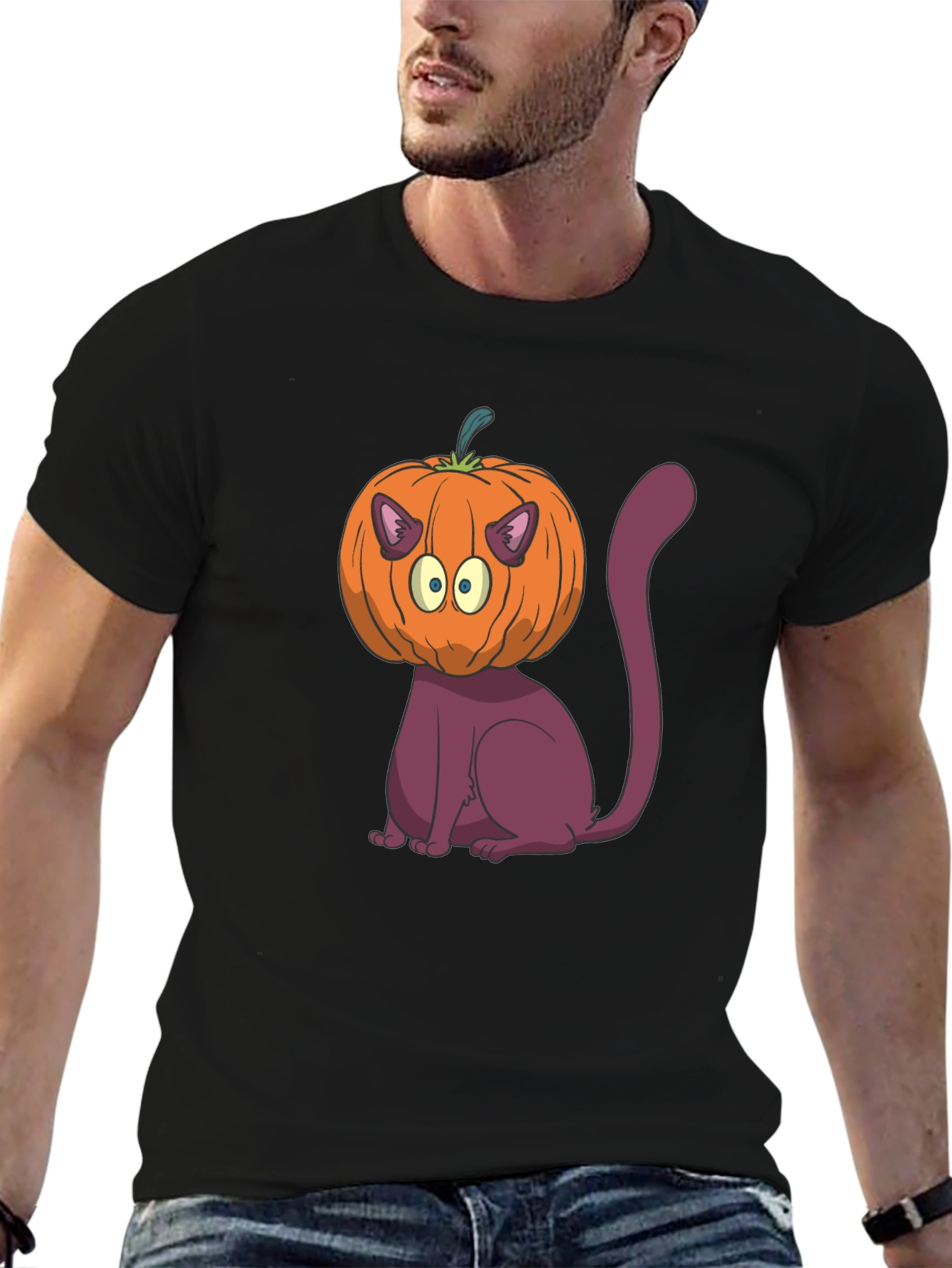 Halloween Cat Pumpkin Head T-Shirt