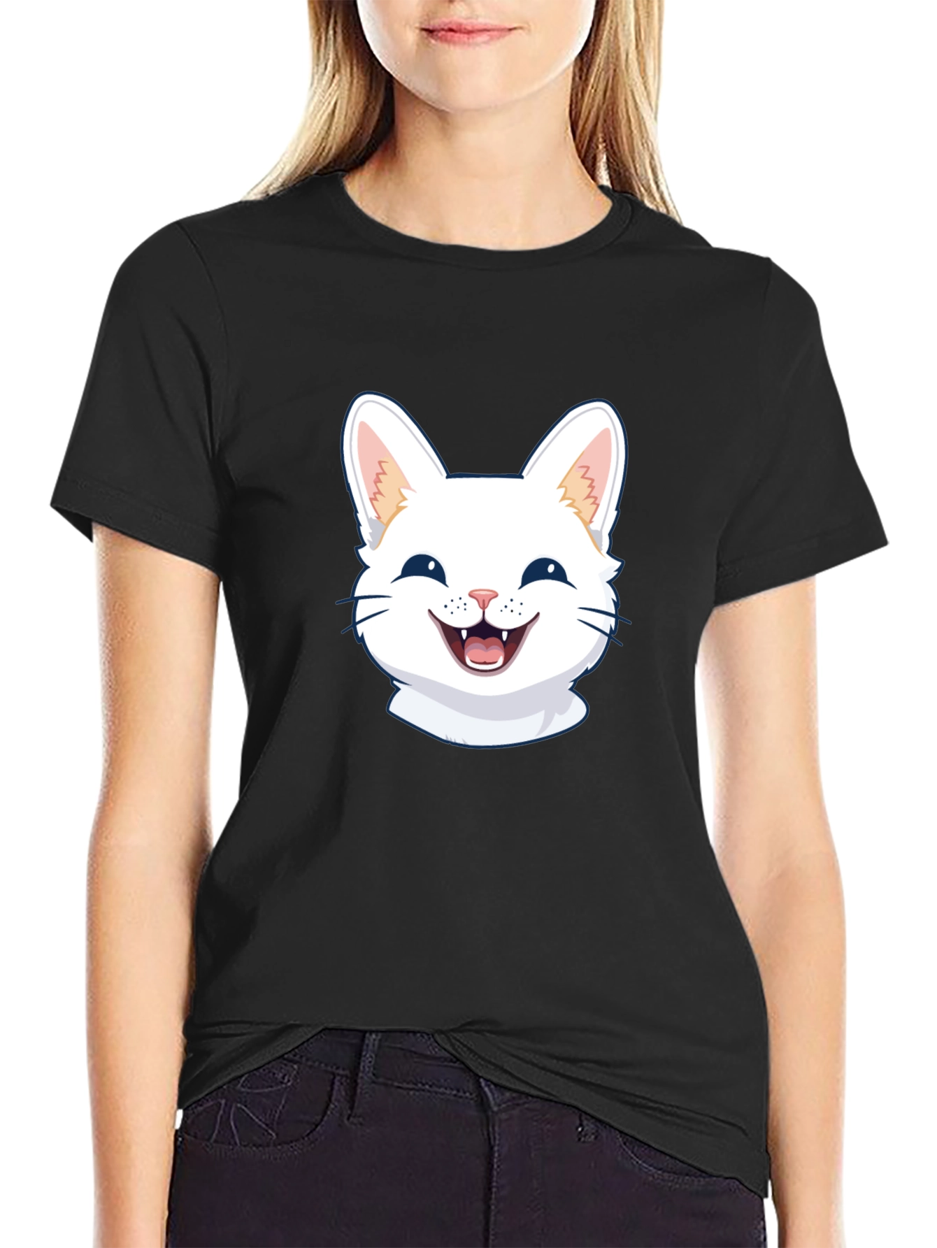 Cute Cat Face Graphic Black T-Shirt