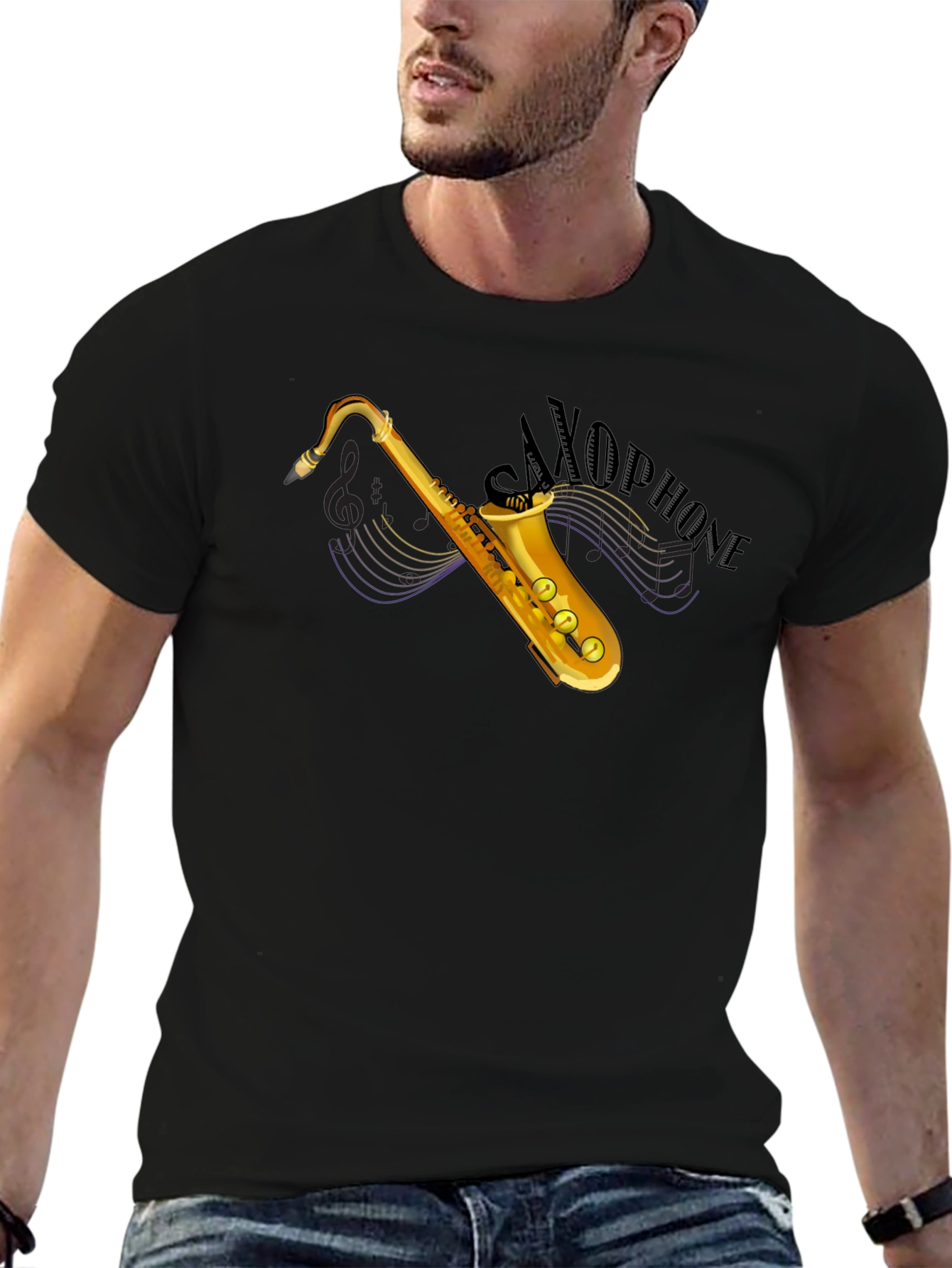 Saxophone Graphic Tee - Black Cotton T-Shirt