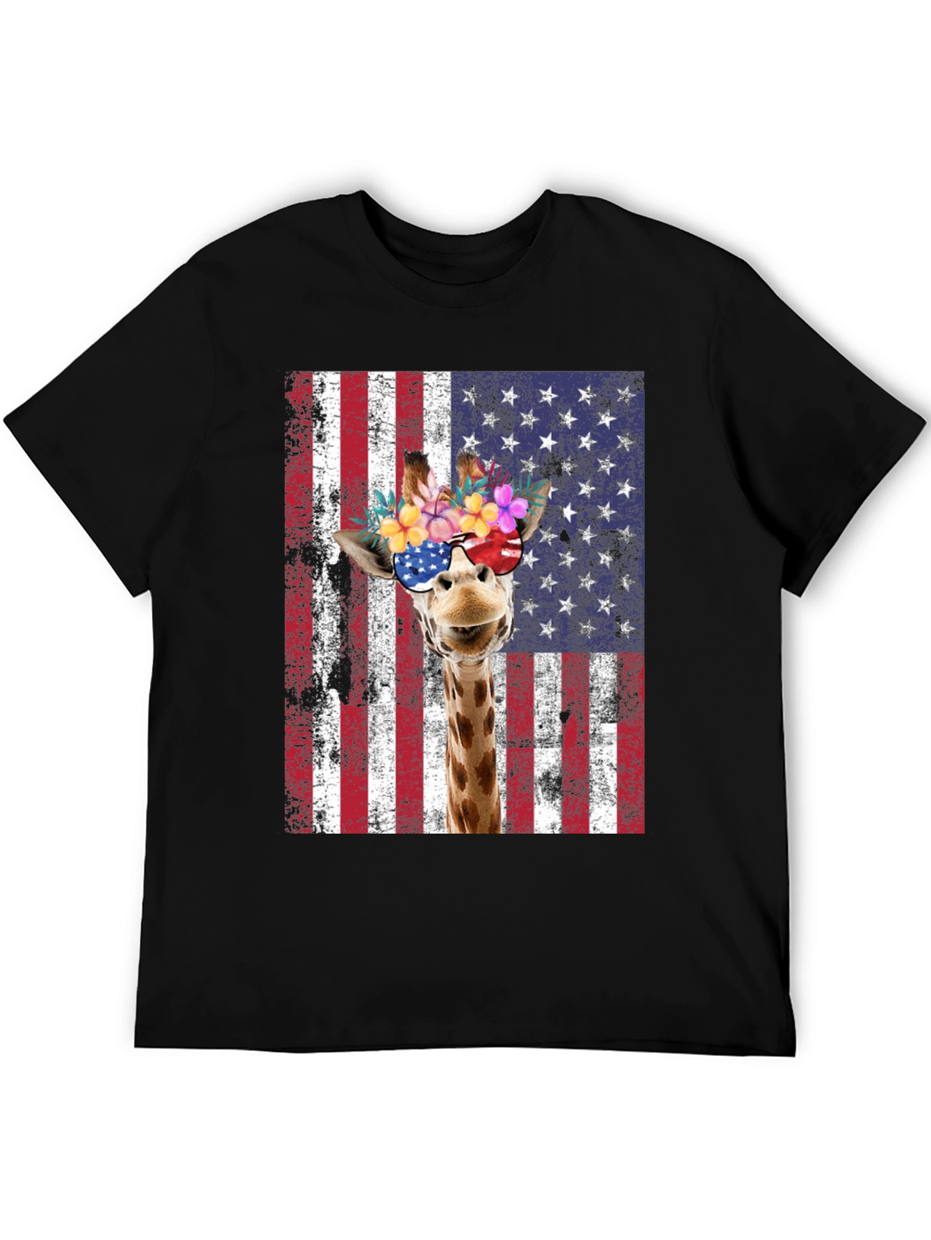 Patriotic Giraffe Graphic Tee - USA Flag T-Shirt