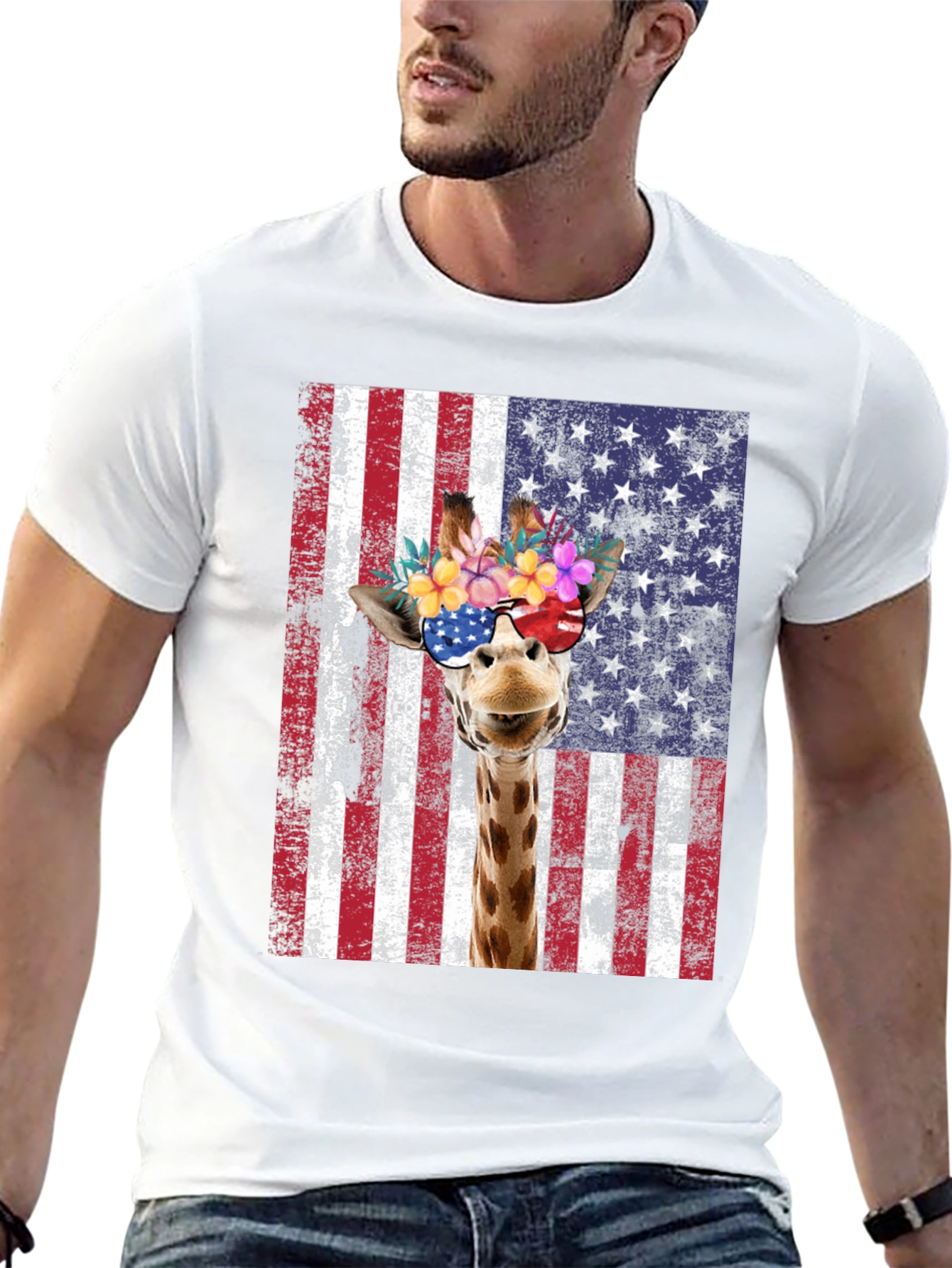 Patriotic Giraffe Graphic Tee - USA Flag T-Shirt