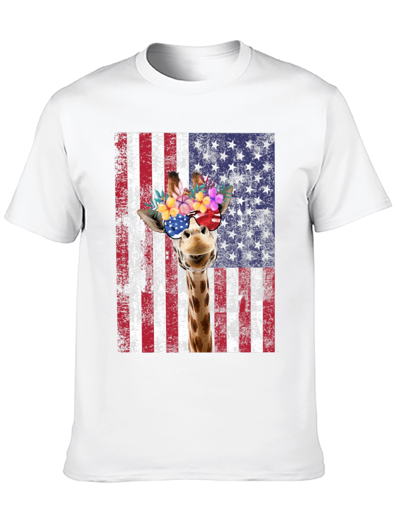 Patriotic Giraffe Graphic Tee - USA Flag T-Shirt