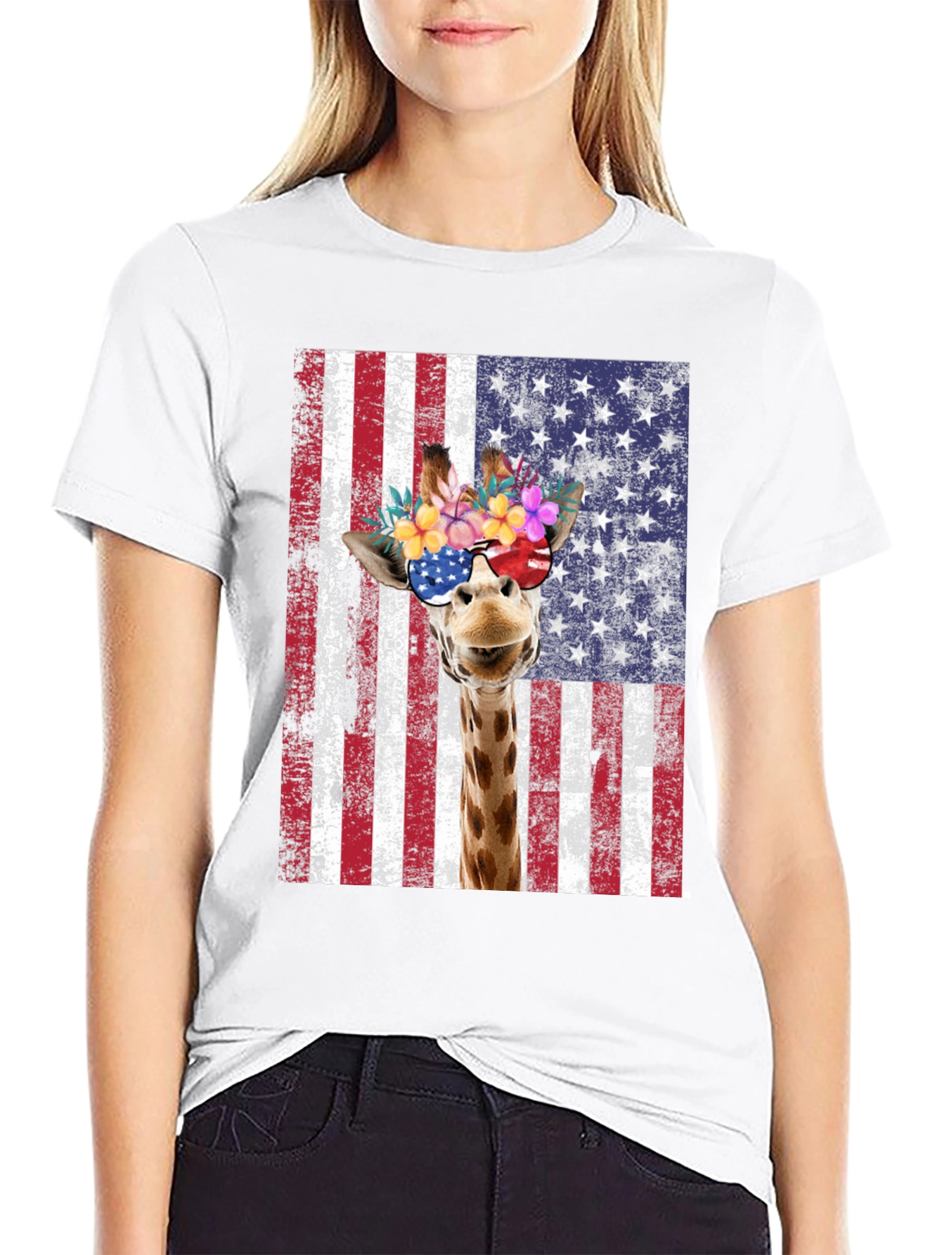 Patriotic Giraffe Graphic Tee - USA Flag T-Shirt
