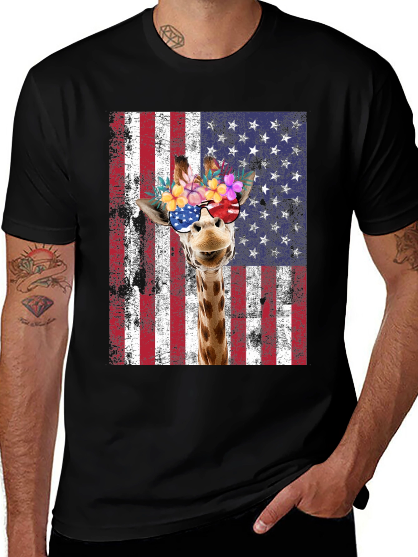 Patriotic Giraffe Graphic Tee - USA Flag T-Shirt