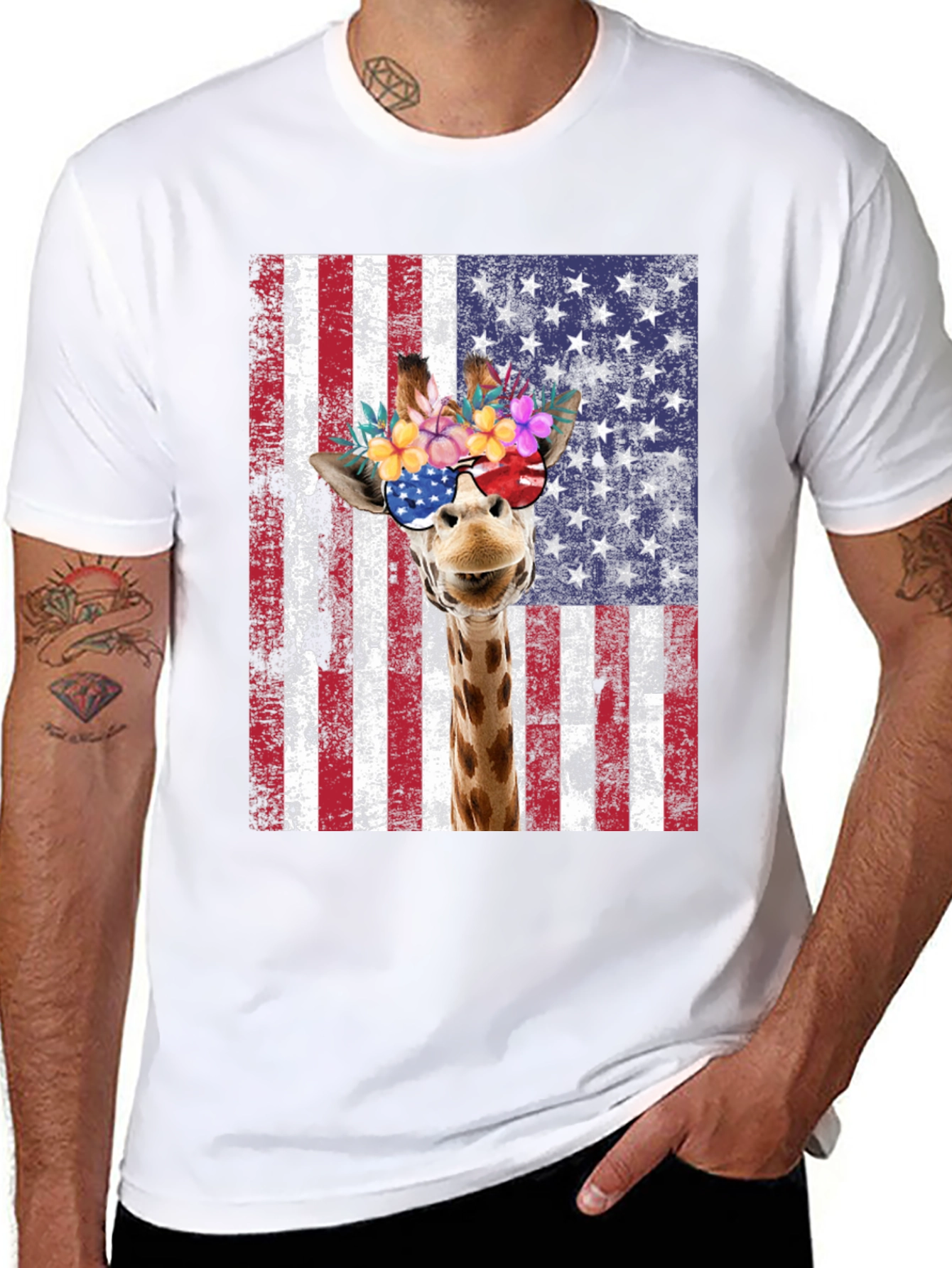 Patriotic Giraffe Graphic Tee - USA Flag T-Shirt