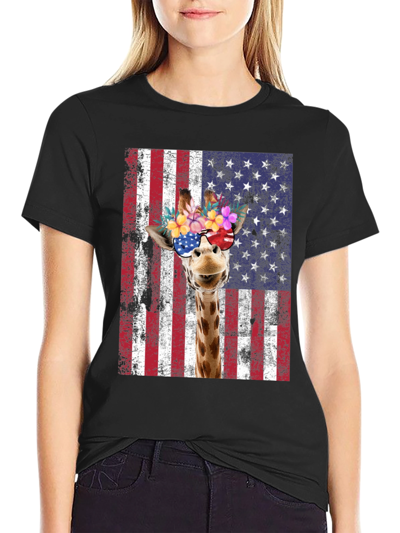 Patriotic Giraffe Graphic Tee - USA Flag T-Shirt