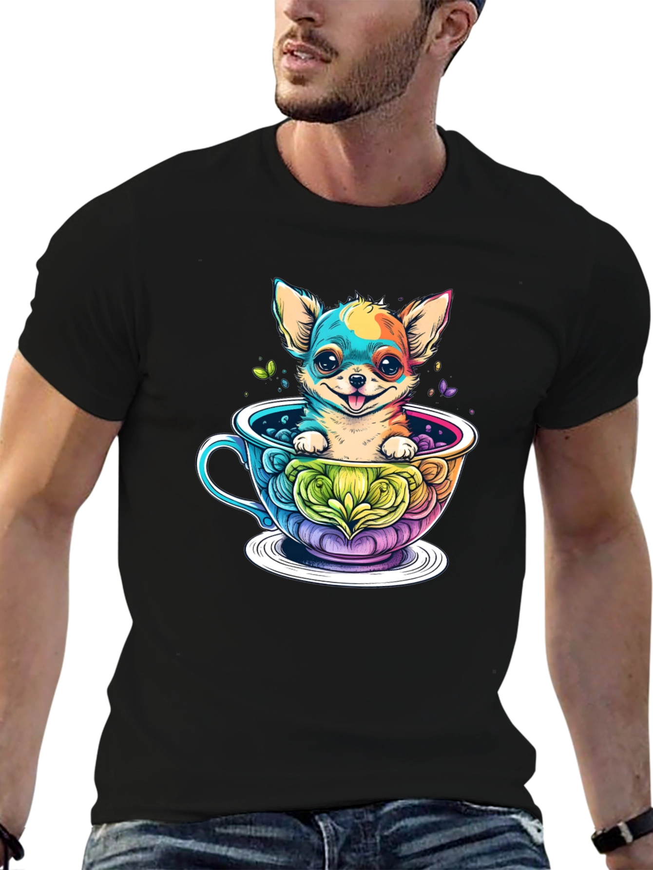 Chihuahua in Teacup Graphic Black T-Shirt