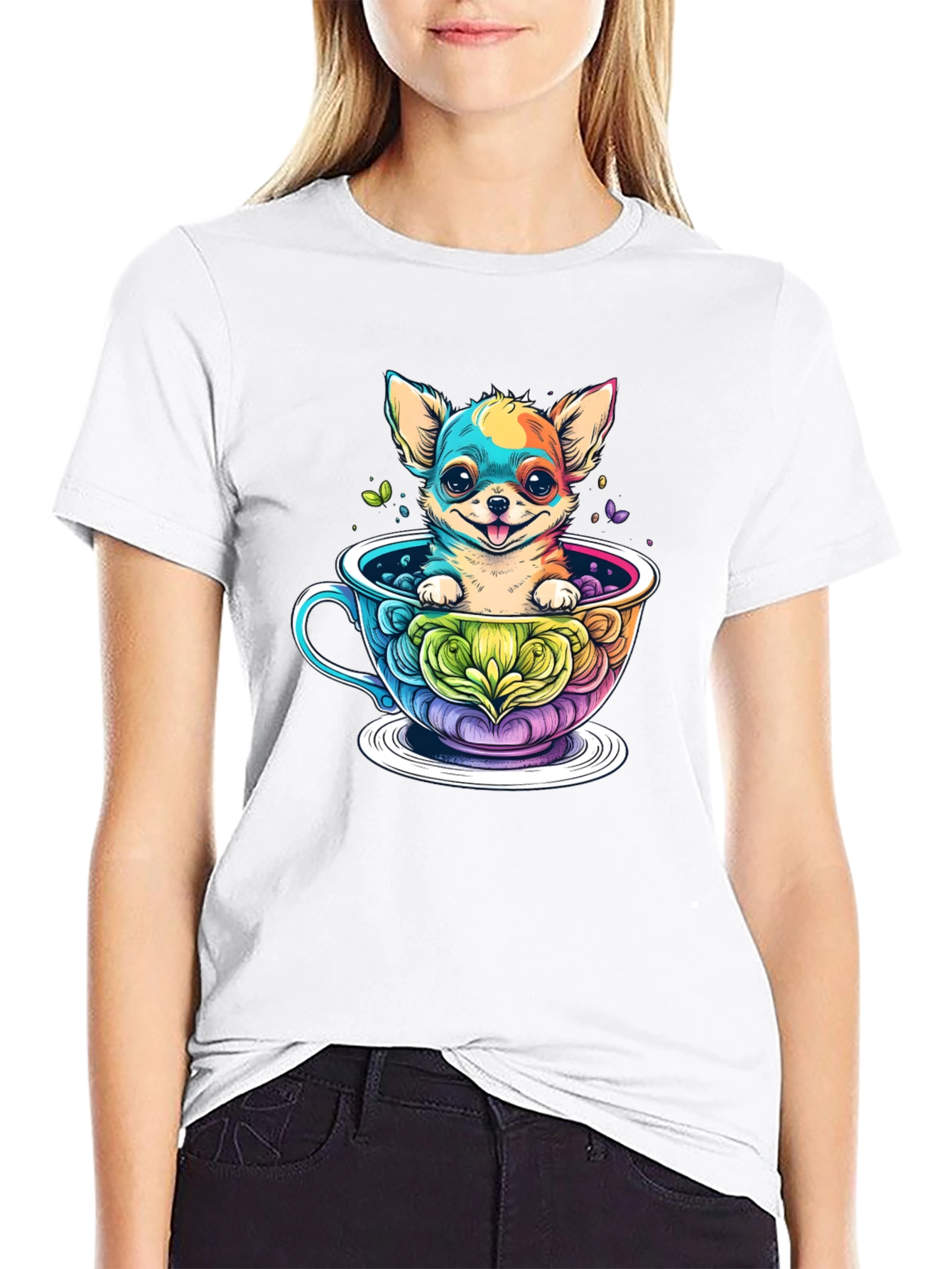Chihuahua in Teacup Graphic Black T-Shirt