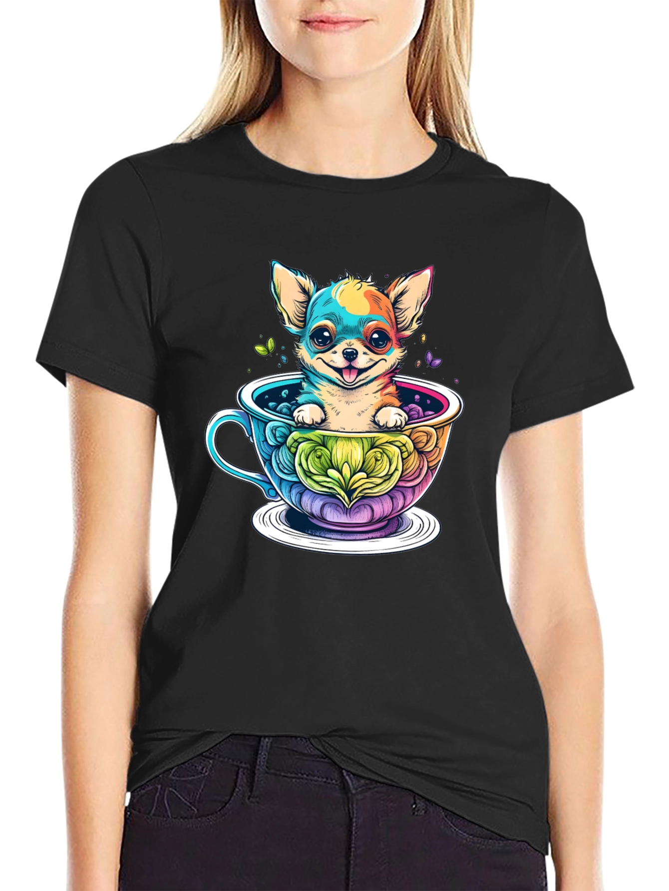 Chihuahua in Teacup Graphic Black T-Shirt