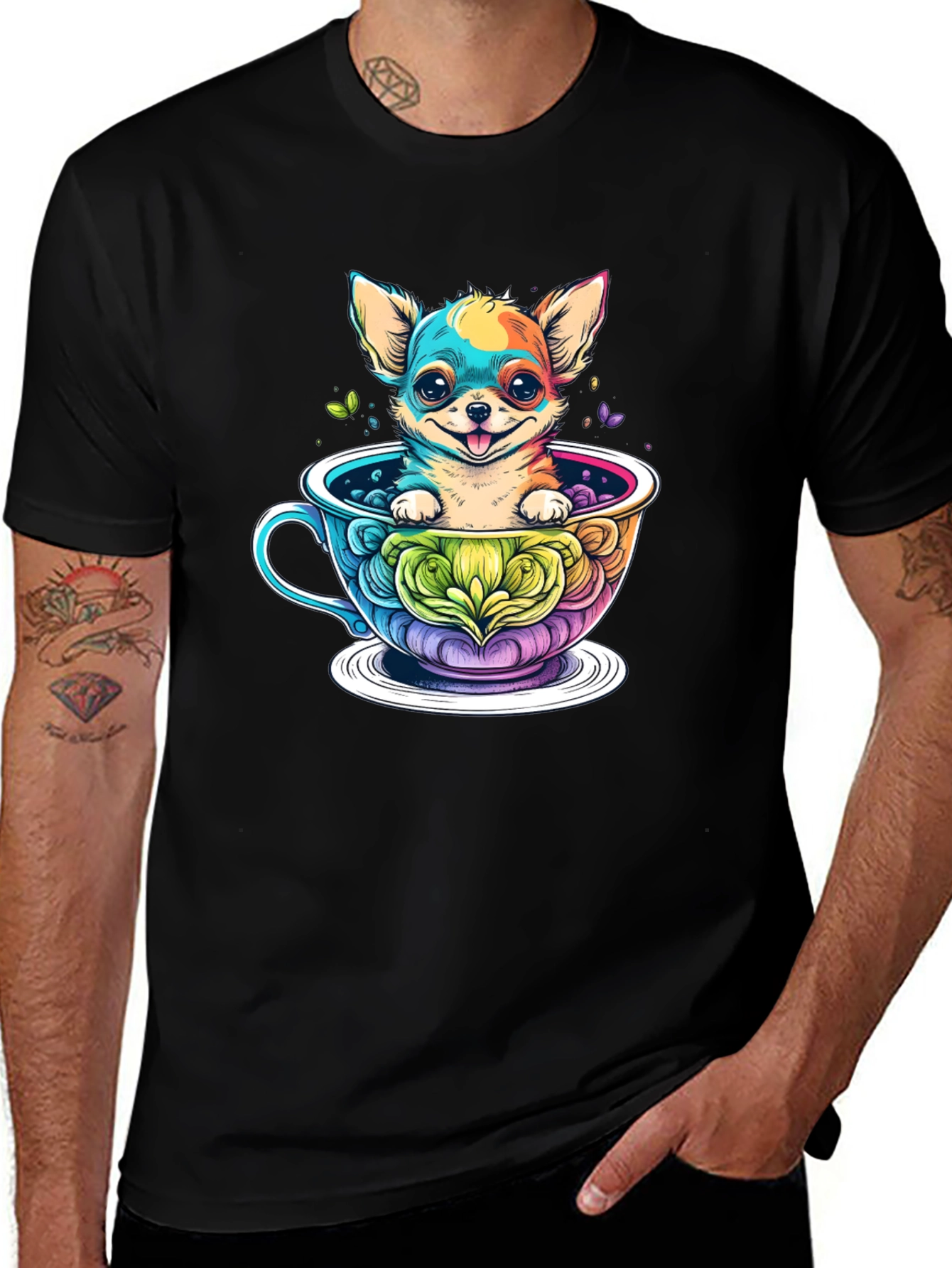 Chihuahua in Teacup Graphic Black T-Shirt