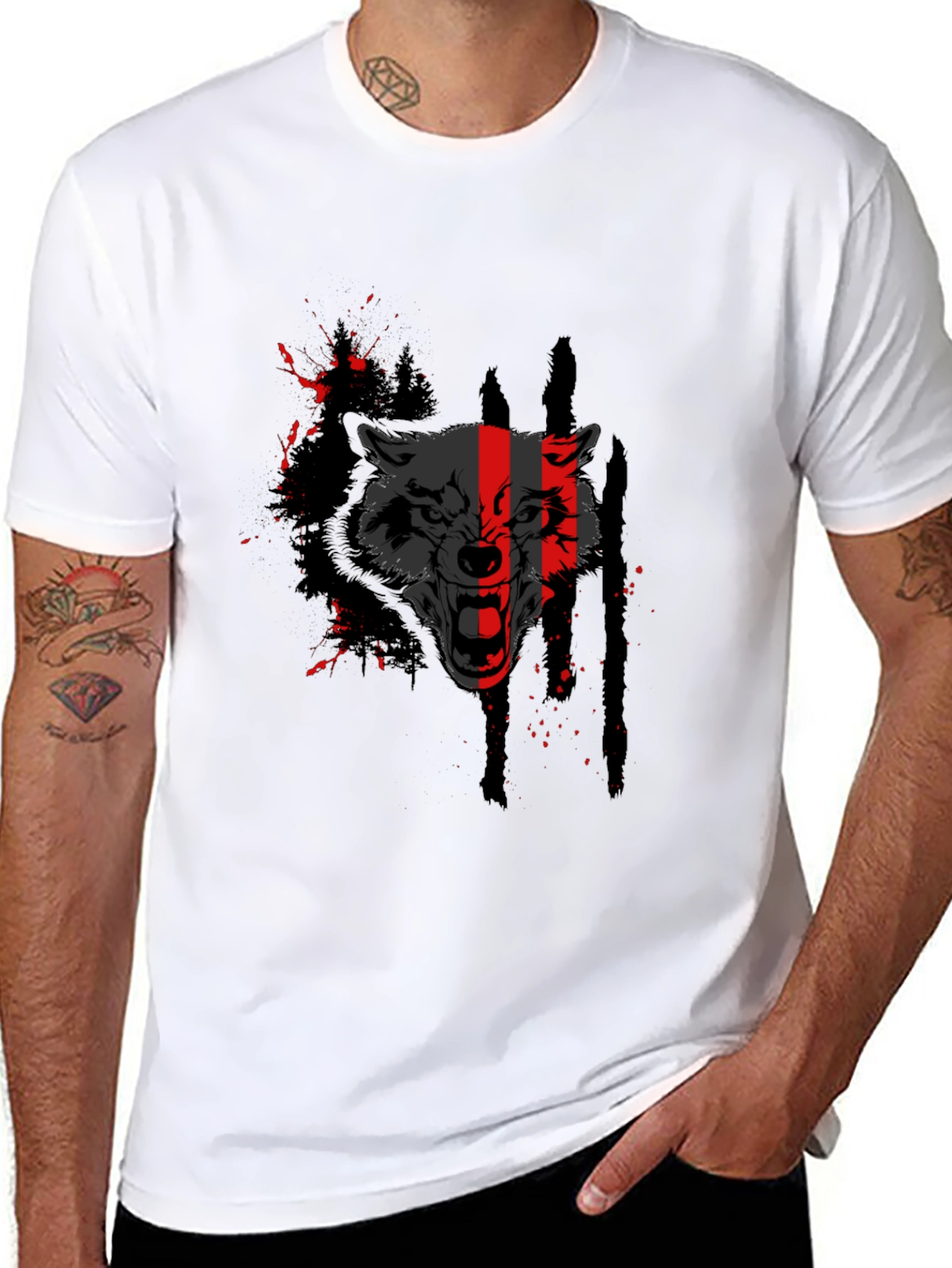Mens Wolf Graphic Print Black T-Shirt