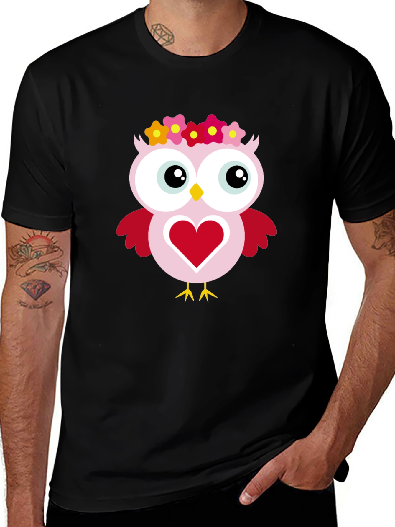 Cute Owl Heart Graphic Black T-Shirt