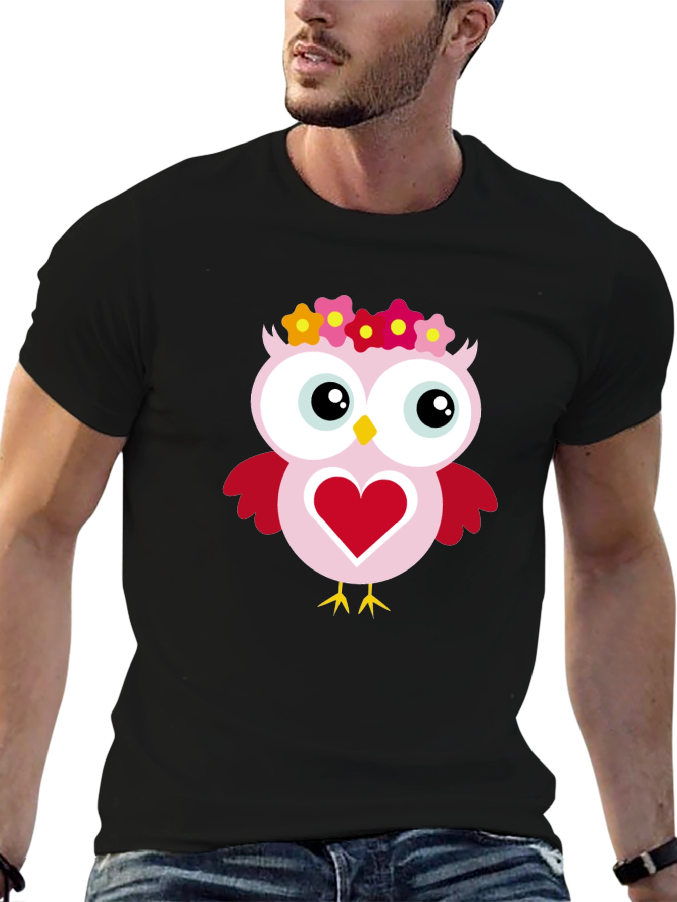 Cute Owl Heart Graphic Black T-Shirt