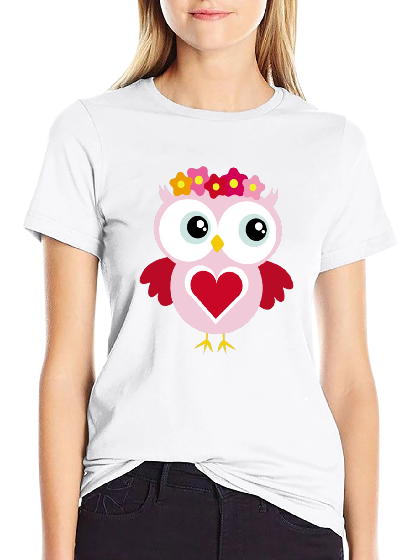 Cute Owl Heart Graphic Black T-Shirt