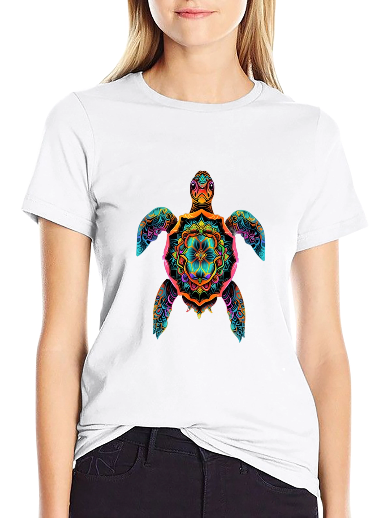Vibrant Turtle Mandala Graphic Print Black T-Shirt