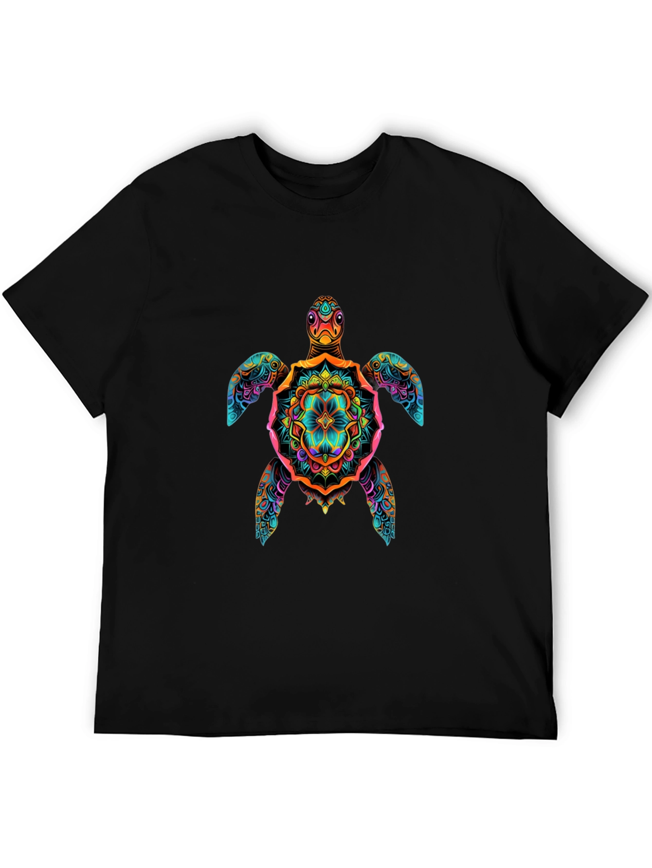 Vibrant Turtle Mandala Graphic Print Black T-Shirt