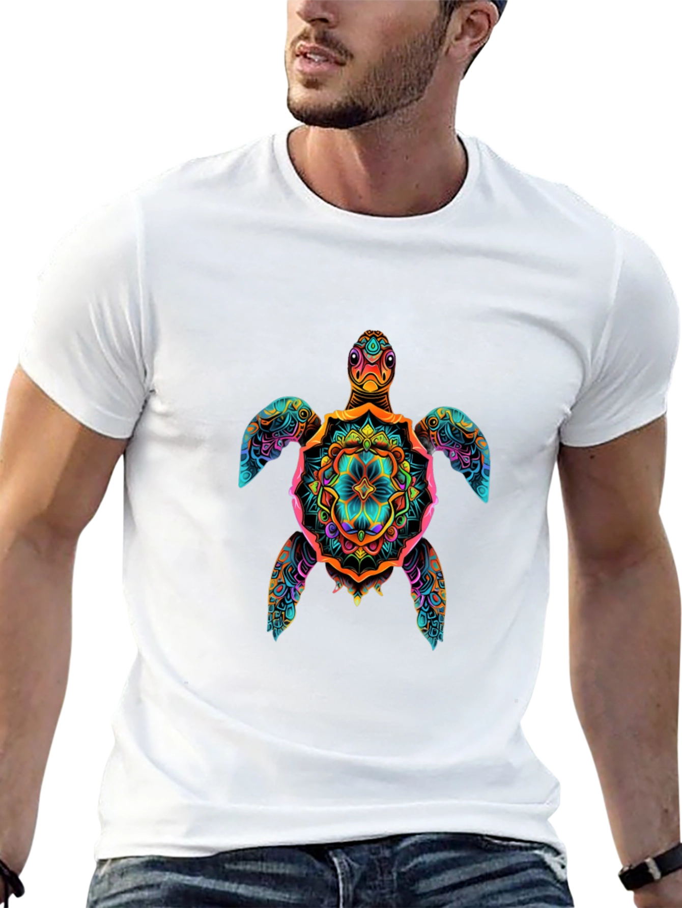 Vibrant Turtle Mandala Graphic Print Black T-Shirt
