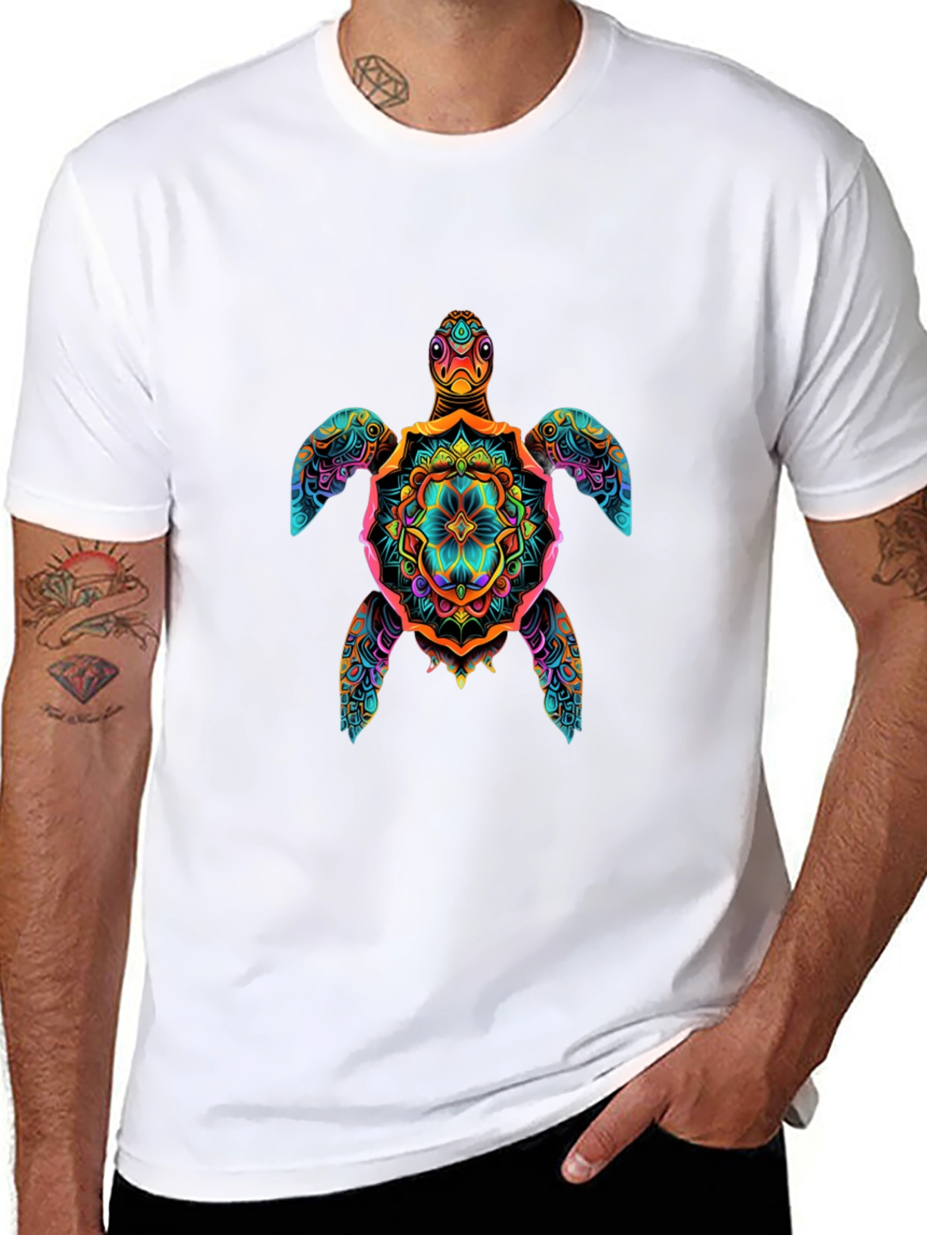 Vibrant Turtle Mandala Graphic Print Black T-Shirt
