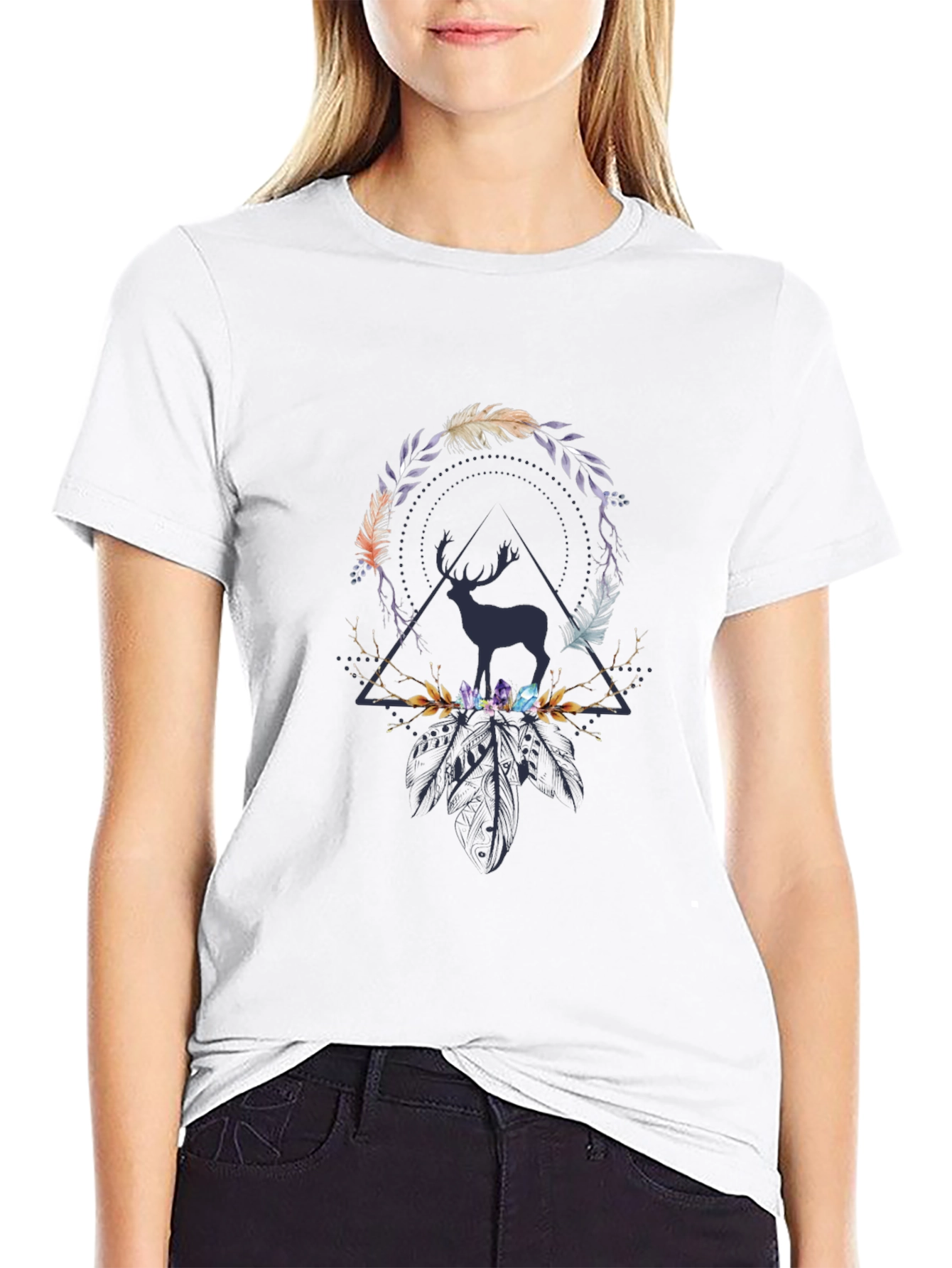 Deer Feather Crystal Graphic Print T-Shirt