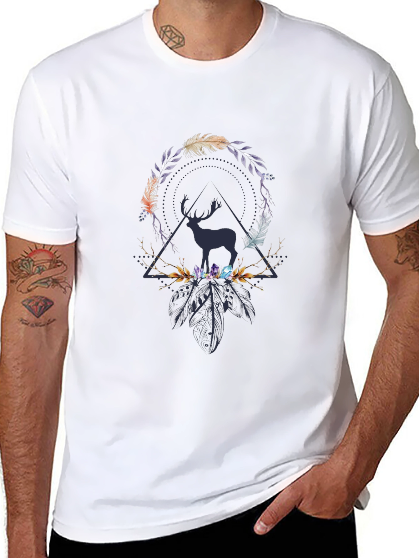 Deer Feather Crystal Graphic Print T-Shirt