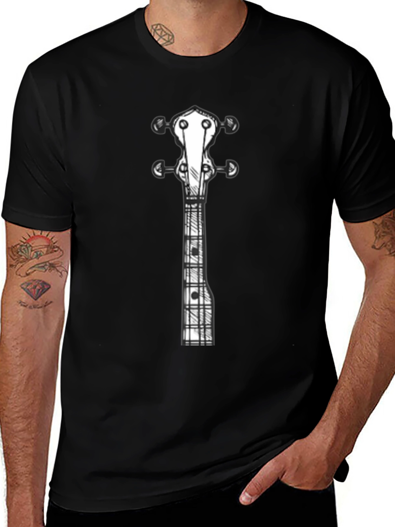 Guitar Sketch Graphic Tee - Black Cotton Shirt