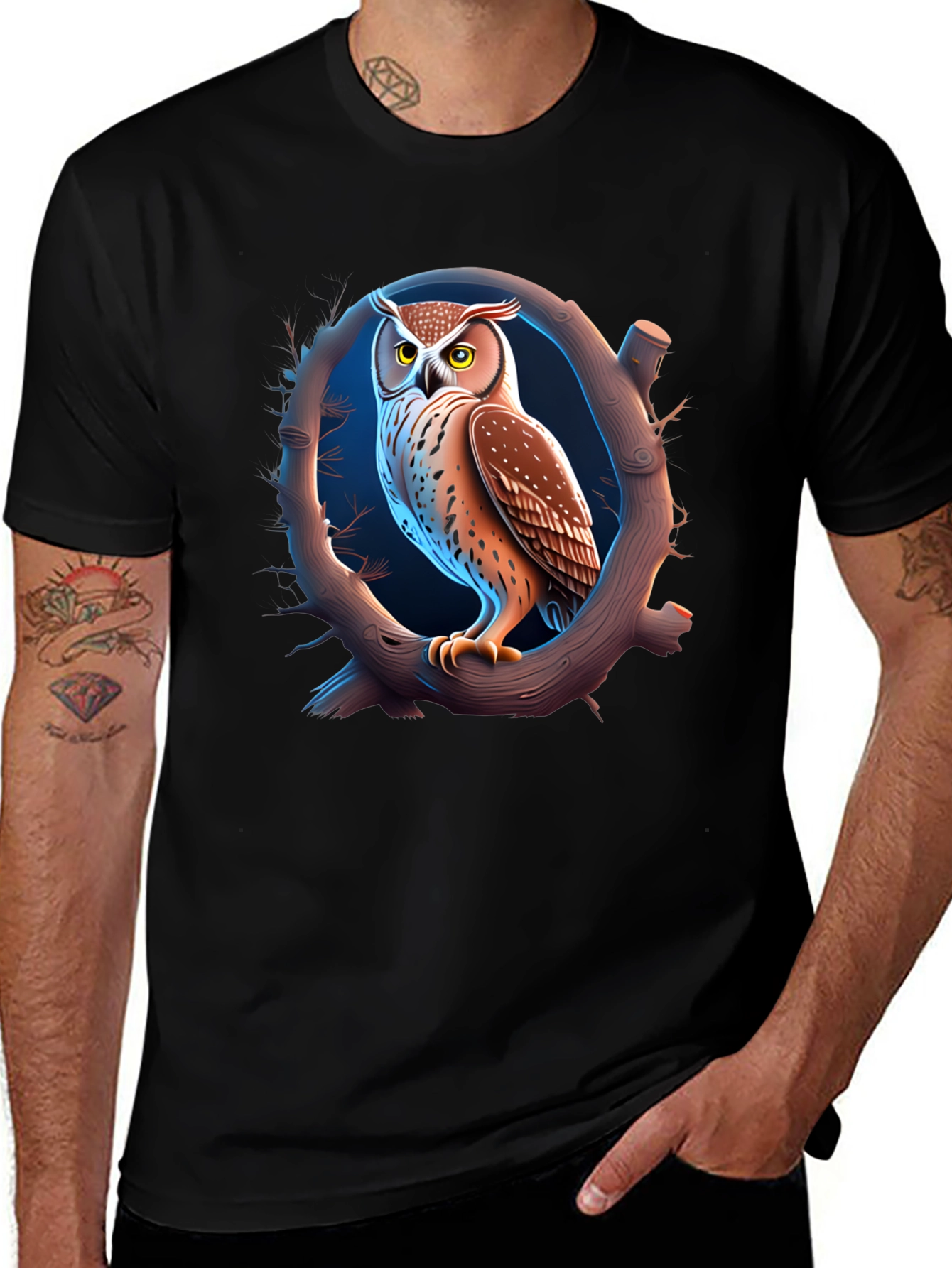 Owl on Branch Graphic T-Shirt - Black