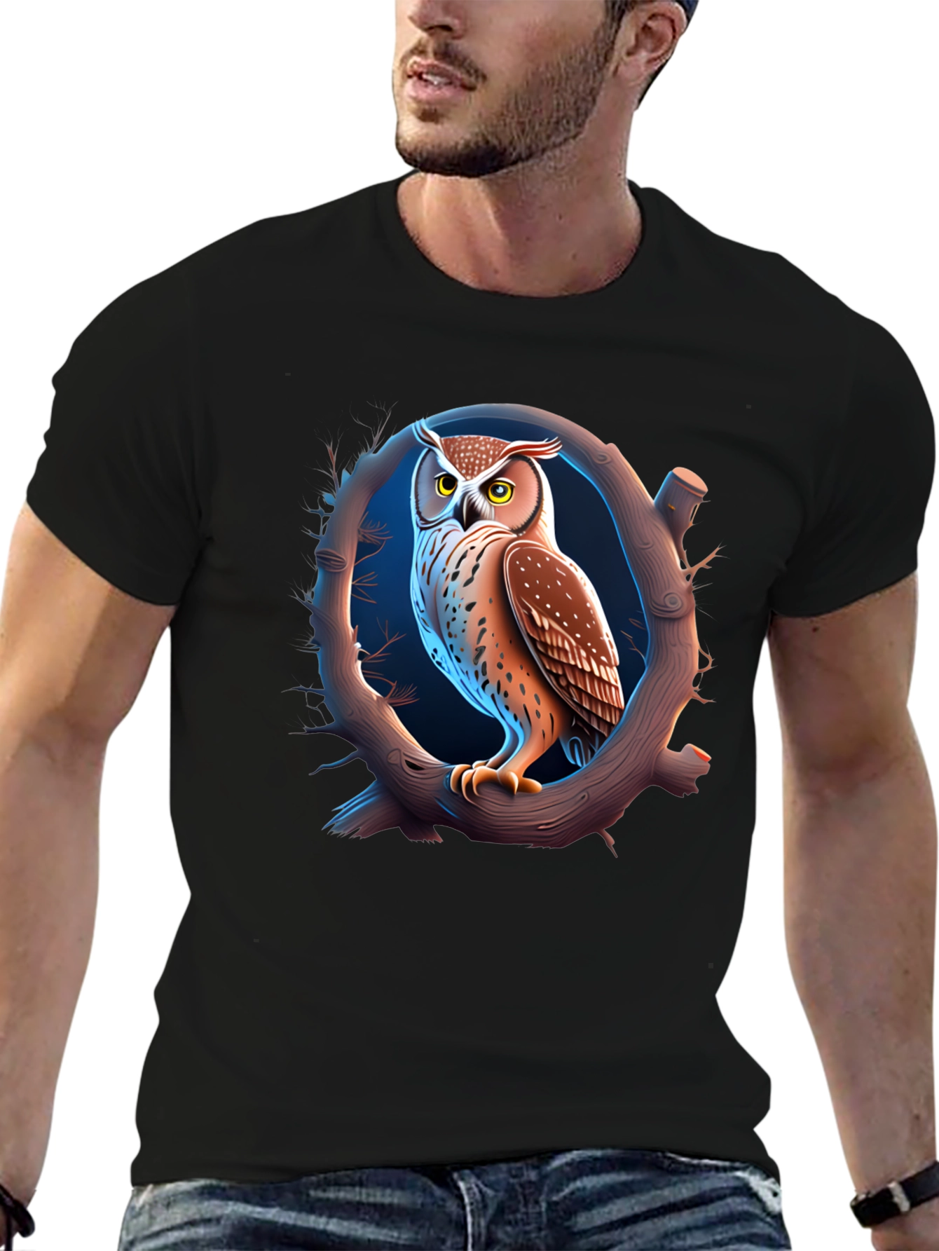 Owl on Branch Graphic T-Shirt - Black
