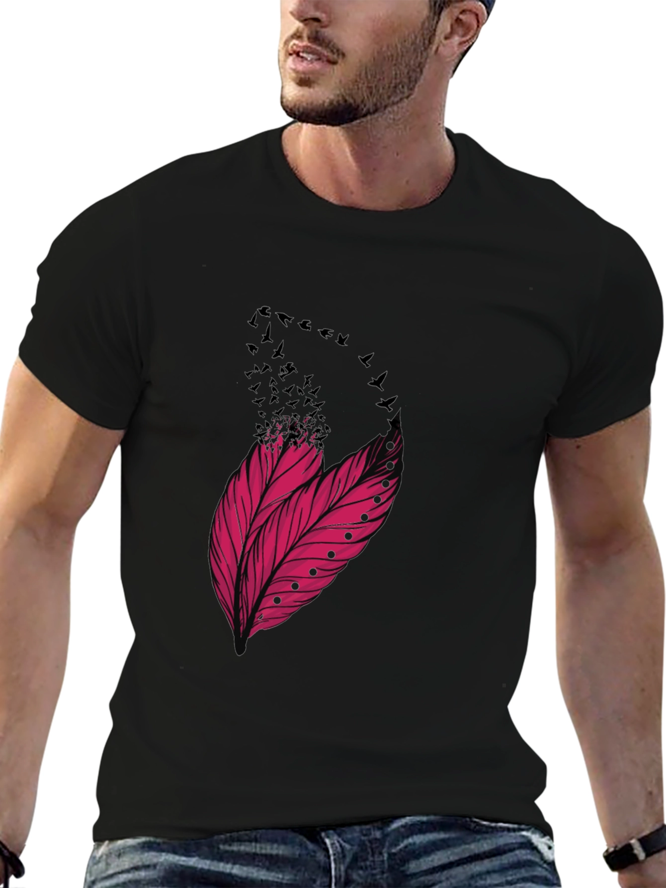 Feather & Birds Graphic Black T-Shirt