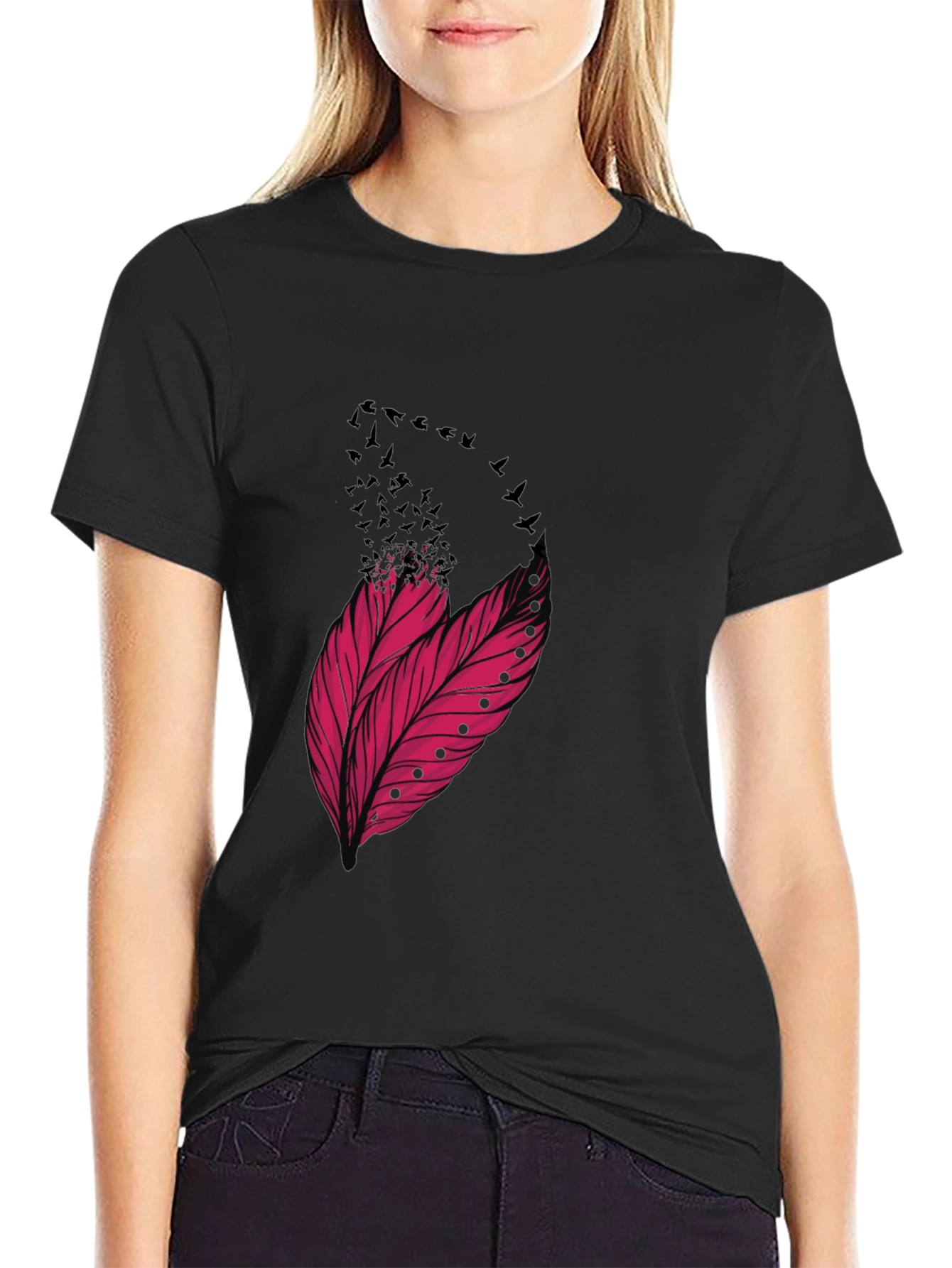 Feather & Birds Graphic Black T-Shirt