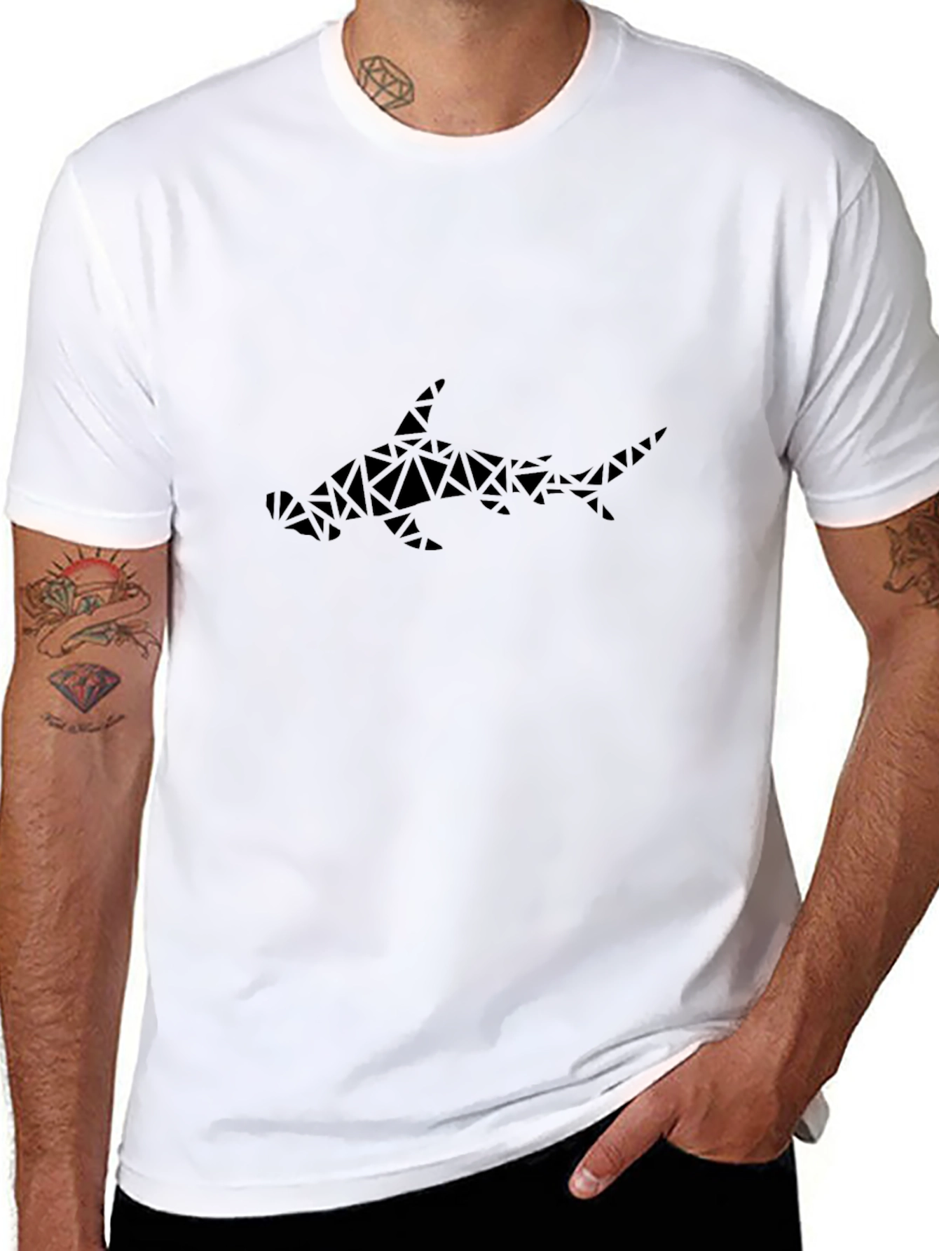 Geometric Hammerhead Shark Graphic Tee - Black Cotton