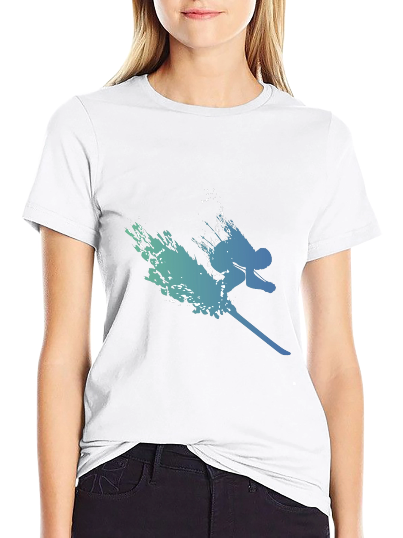 Stylish Skier Graphic Tee - Black Cotton Blend